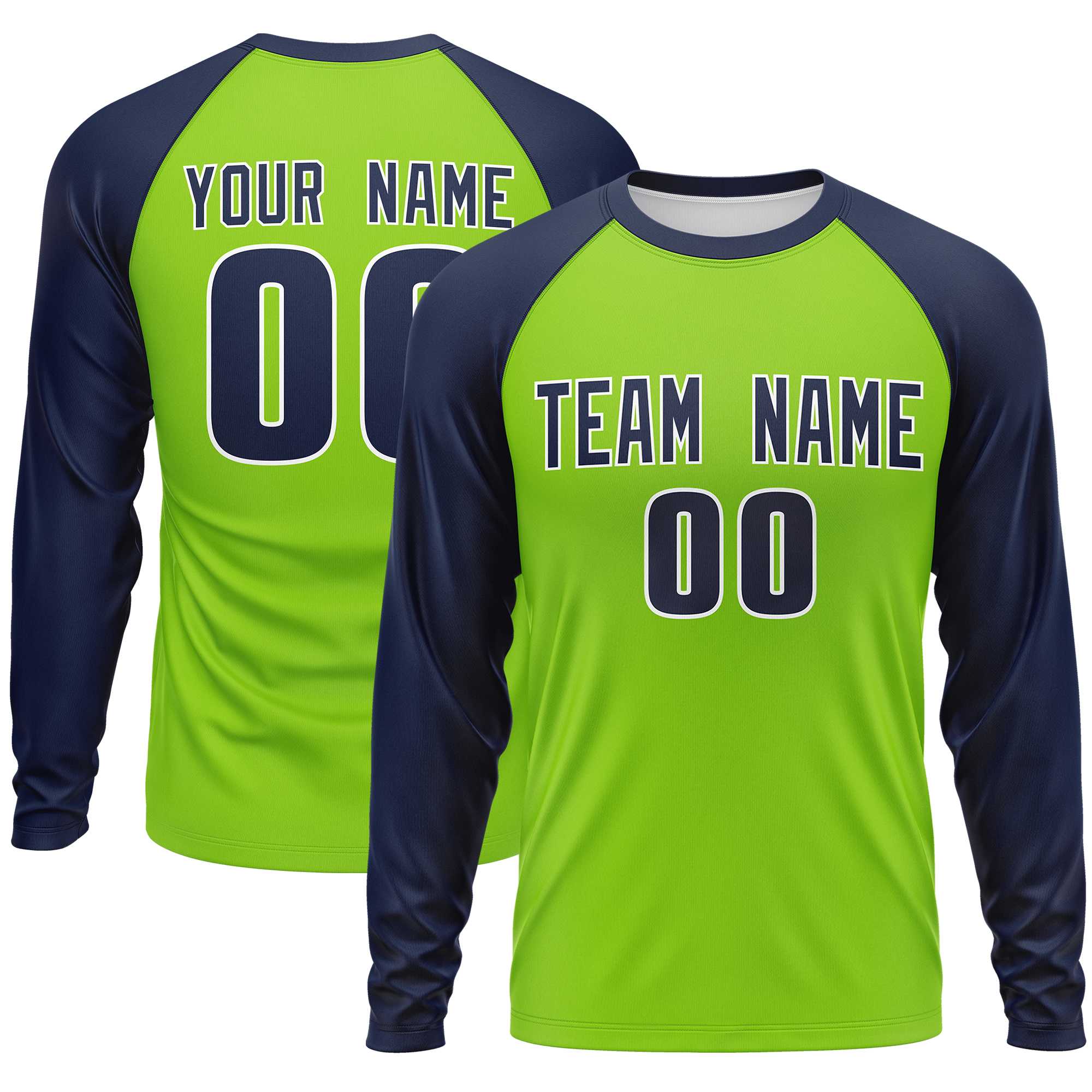 Custom Neon Green Navy Crew Neck Raglan Long Sleeve Performance T-Shirt | KXKSHOP