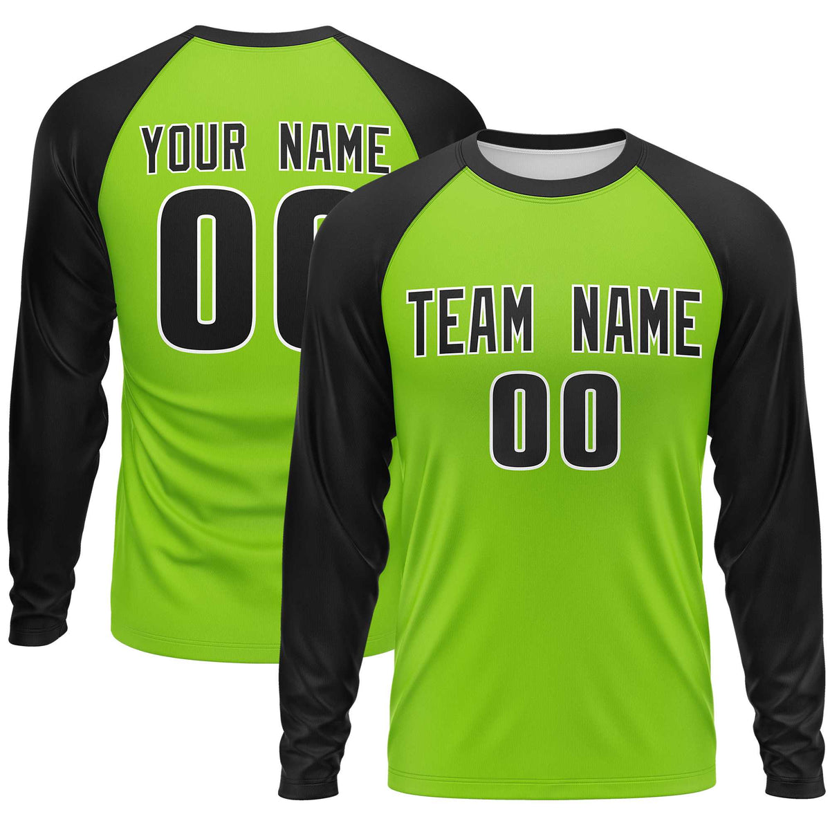 Custom Neon Green Black Crew Neck Raglan Long Sleeve Performance T-Shirt | KXKSHOP