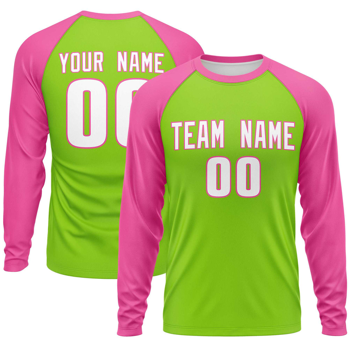 Custom Neon Green Pink Crew Neck Raglan Long Sleeve Performance T-Shirt | KXKSHOP