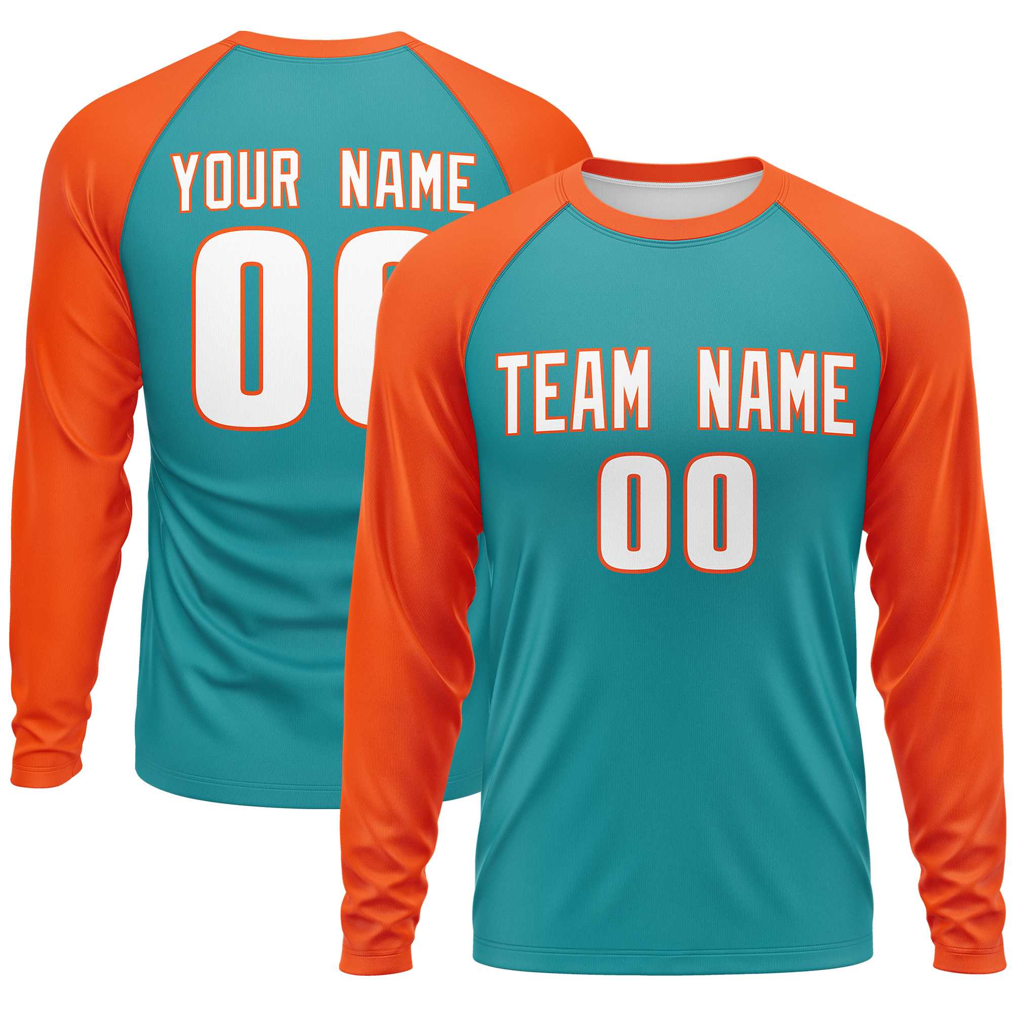 Custom Aqua Orange Crew Neck Raglan Long Sleeve Performance T-Shirt | KXKSHOP