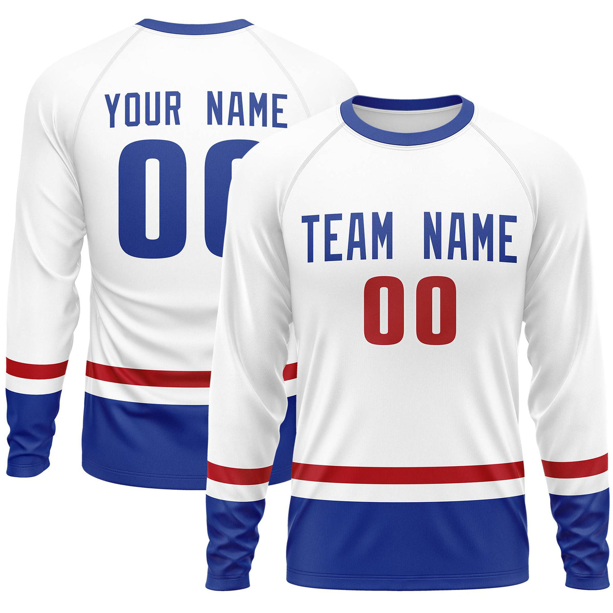 Custom White Red-Royal Color Block Design Long Sleeve Performance T-Shirt | KXKSHOP