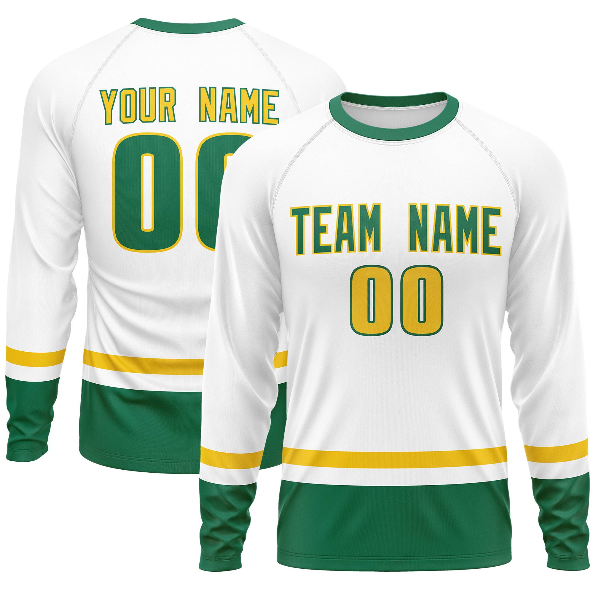 Custom White Gold-Kelly Green Color Block Design Long Sleeve Performance T-Shirt | KXKSHOP