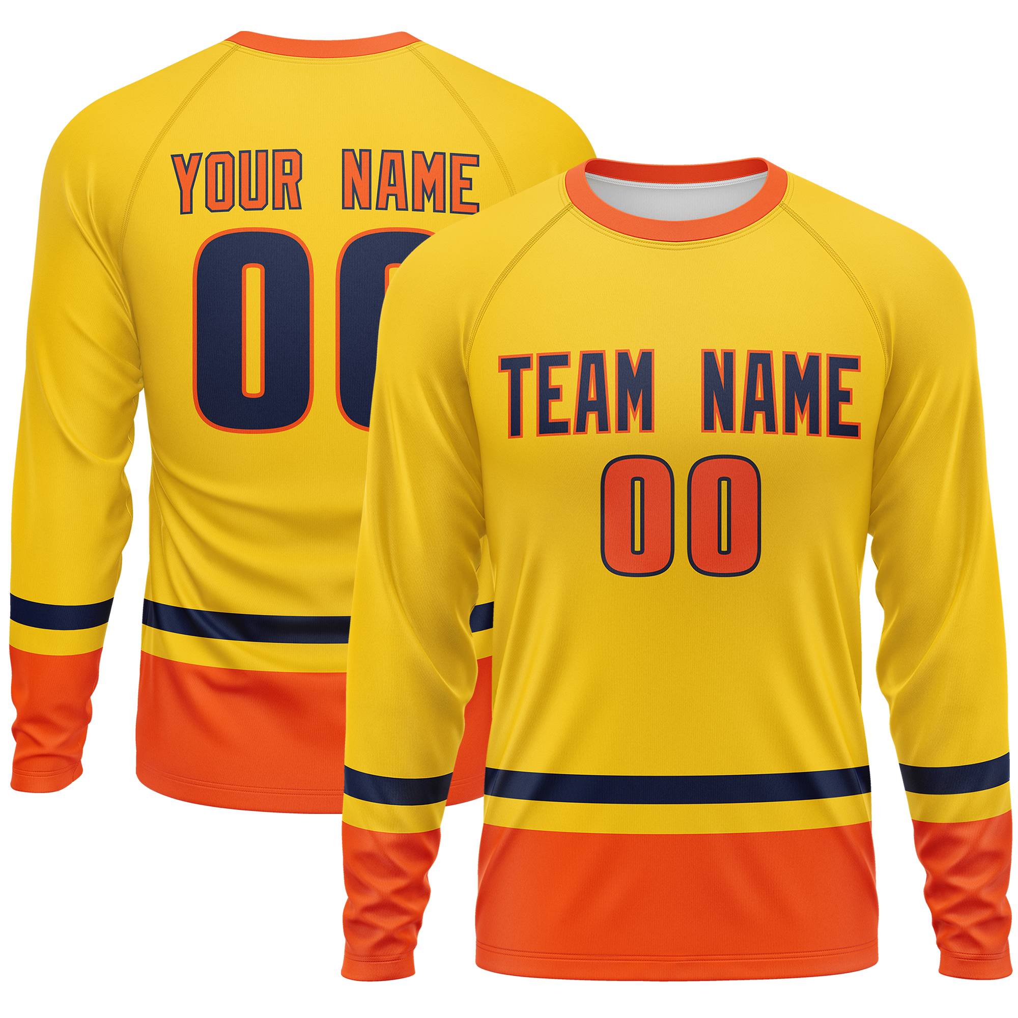 Custom Gold Navy-Orange Color Block Design Long Sleeve Performance T-Shirt | KXKSHOP