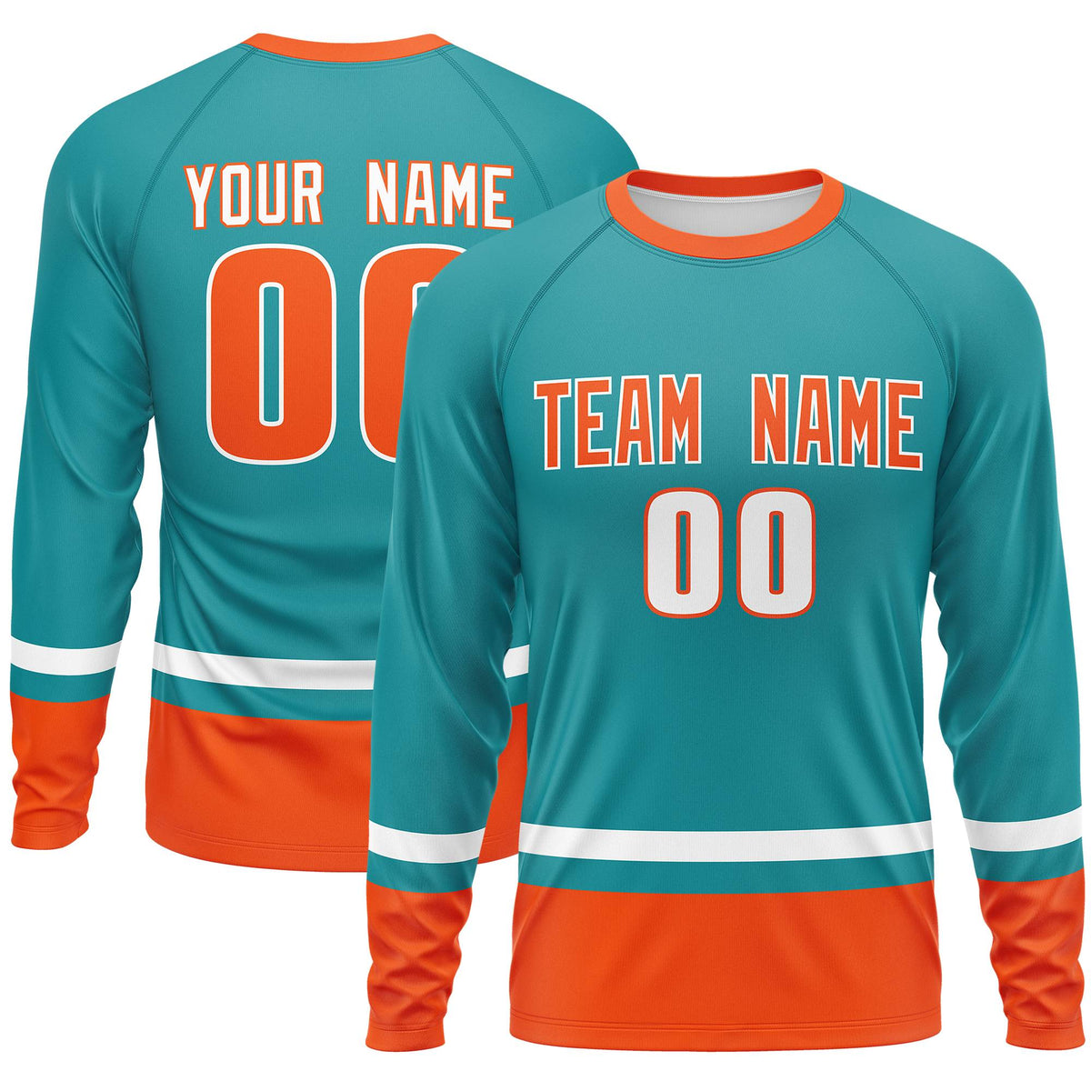 Custom Aqua White-Orange Color Block Design Long Sleeve Performance T-Shirt | KXKSHOP