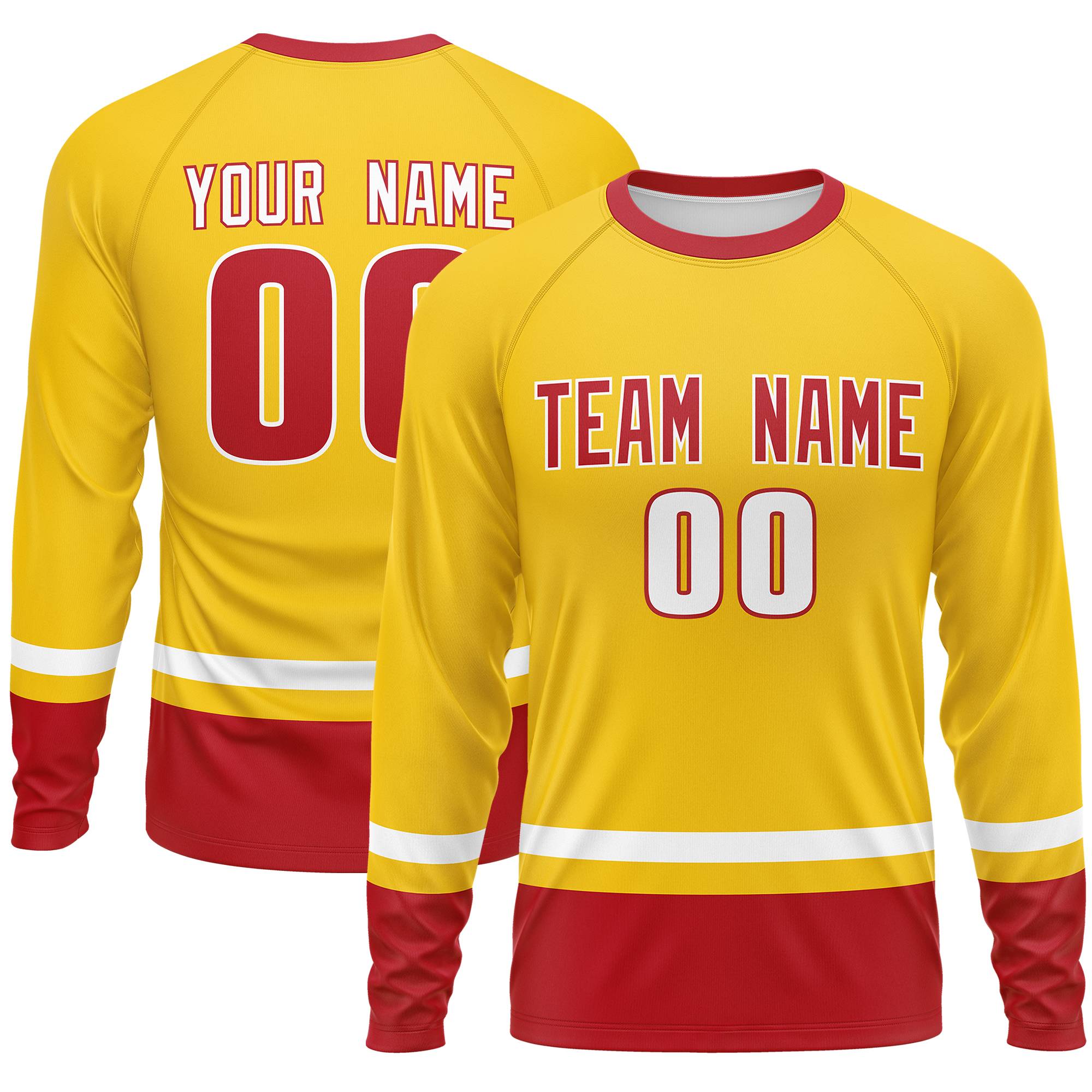 Custom Gold White-Red Color Block Design Long Sleeve Performance T-Shirt | KXKSHOP