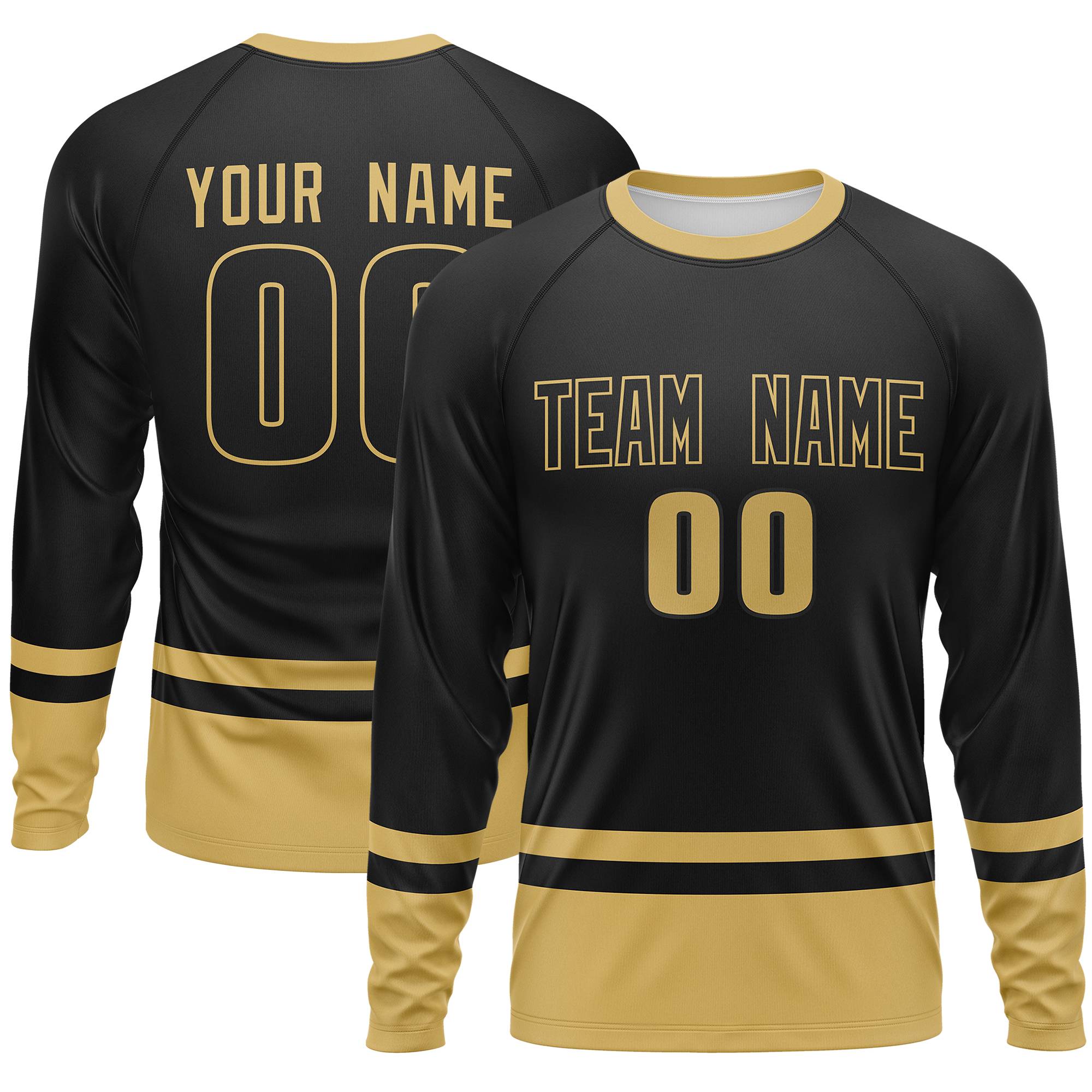 Custom Black Old Gold Color Block Design Long Sleeve Performance T-Shirt | KXKSHOP