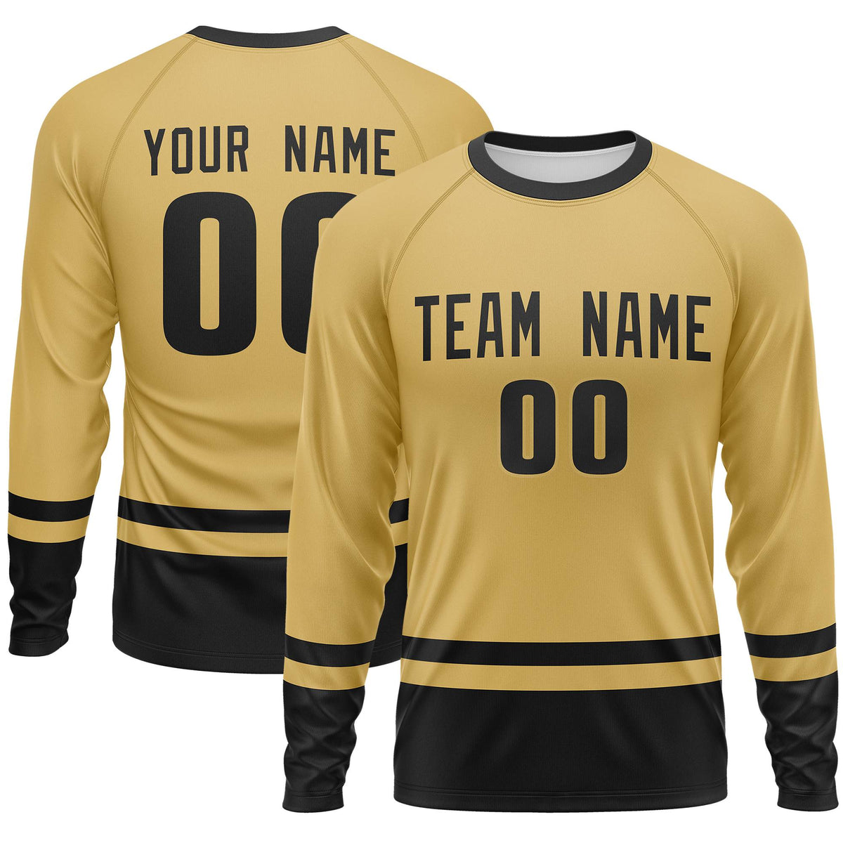 Custom Old Gold Black Color Block Design Long Sleeve Performance T-Shirt | KXKSHOP