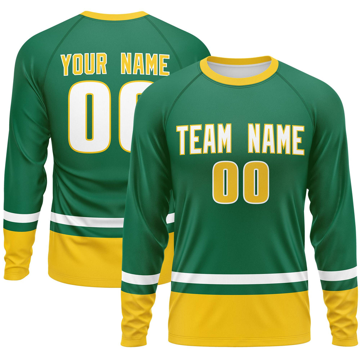 Custom Kelly Green White-Gold Color Block Design Long Sleeve Performance T-Shirt | KXKSHOP