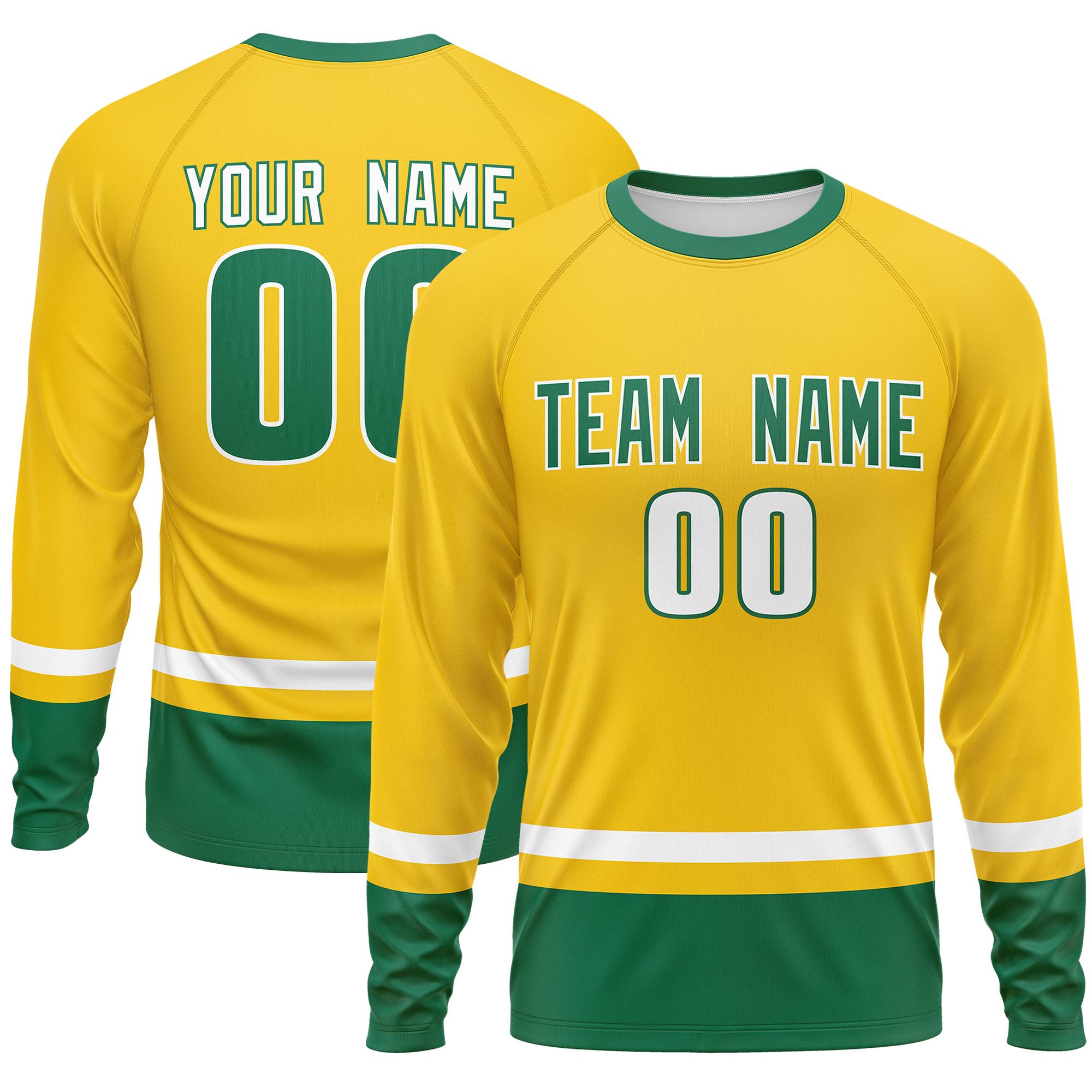 Custom Gold White-Kelly Green Color Block Design Long Sleeve Performance T-Shirt | KXKSHOP