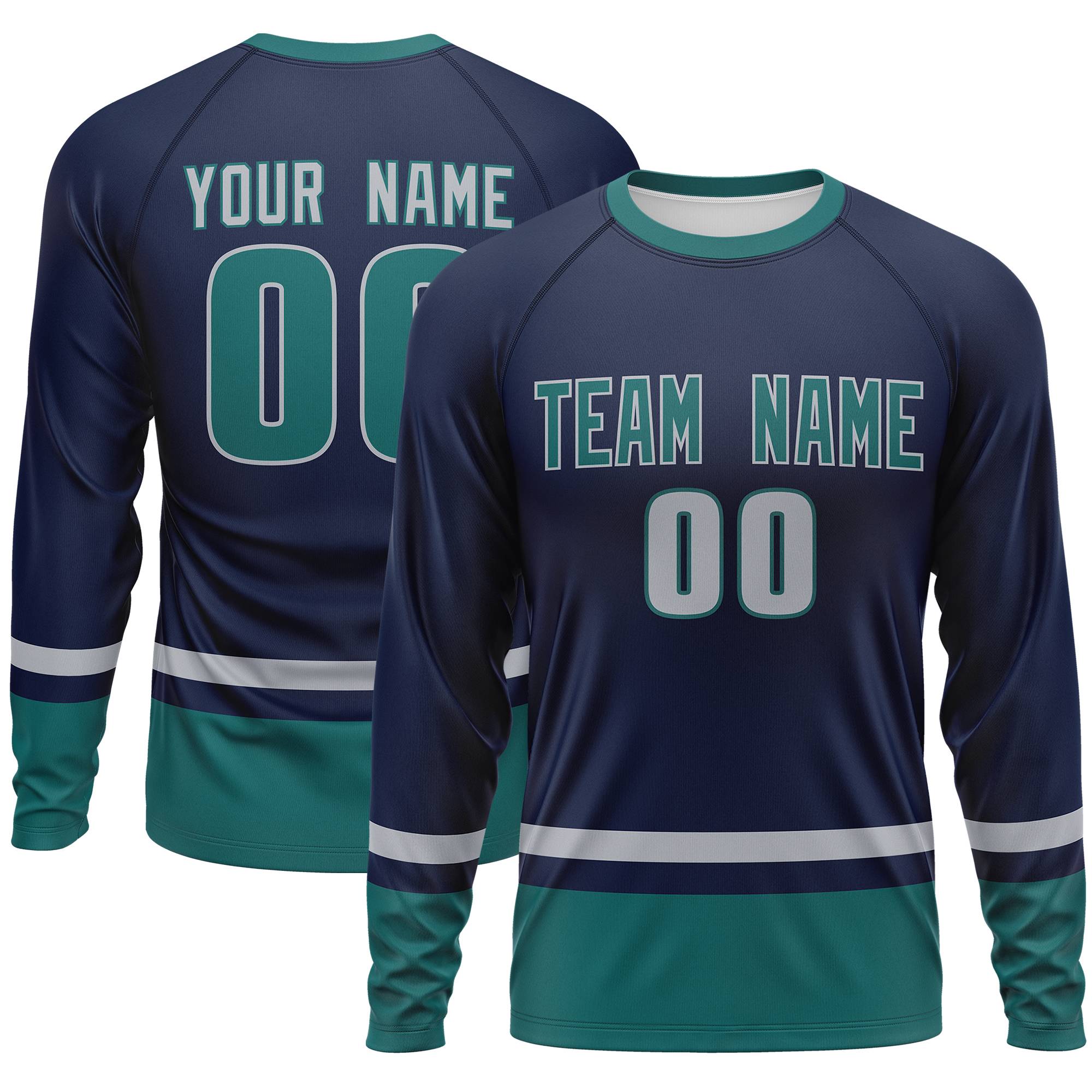 Custom Navy Gray-Aqua Color Block Design Long Sleeve Performance T-Shirt | KXKSHOP