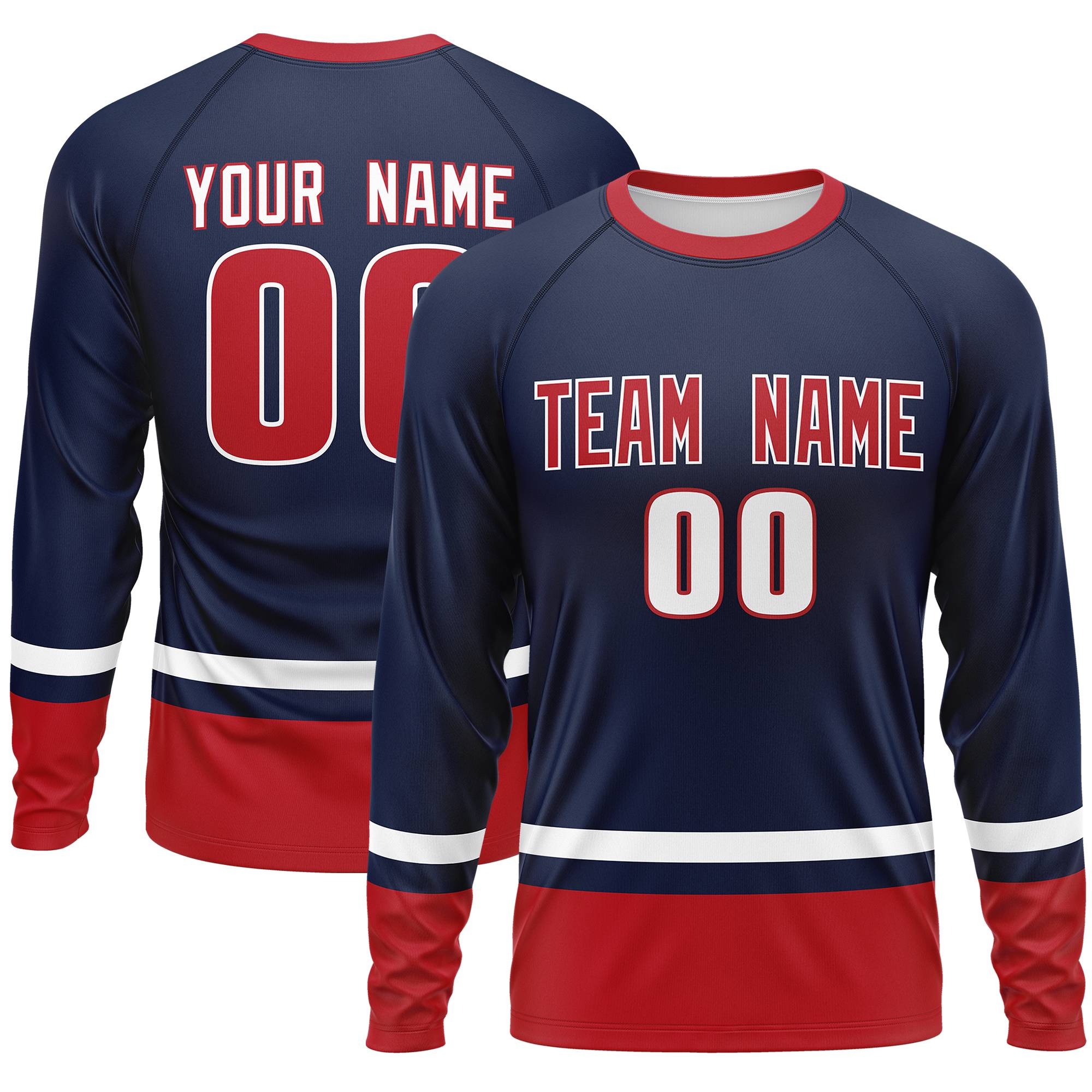 Custom Navy White-Red Color Block Design Long Sleeve Performance T-Shirt | KXKSHOP