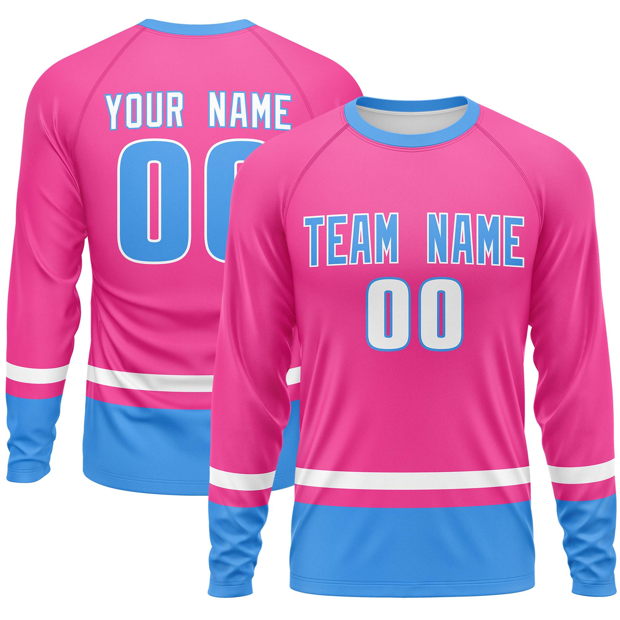 Custom Pink White-Powder Blue Color Block Design Long Sleeve Performance T-Shirt | KXKSHOP