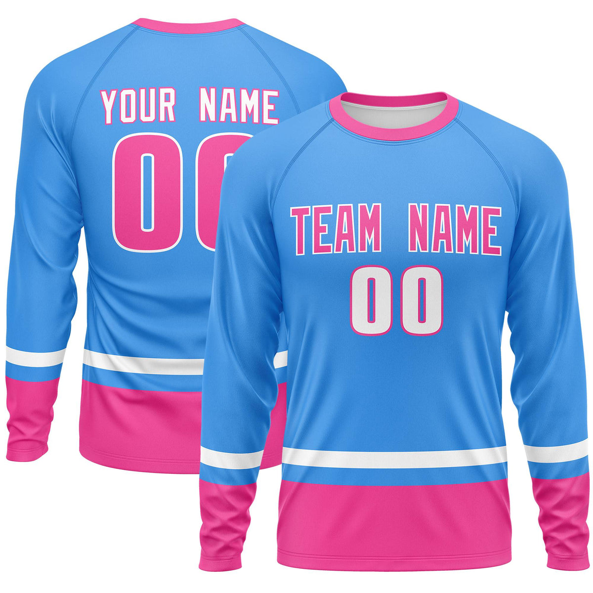 Custom Powder Blue White-Pink Color Block Design Long Sleeve Performance T-Shirt | KXKSHOP