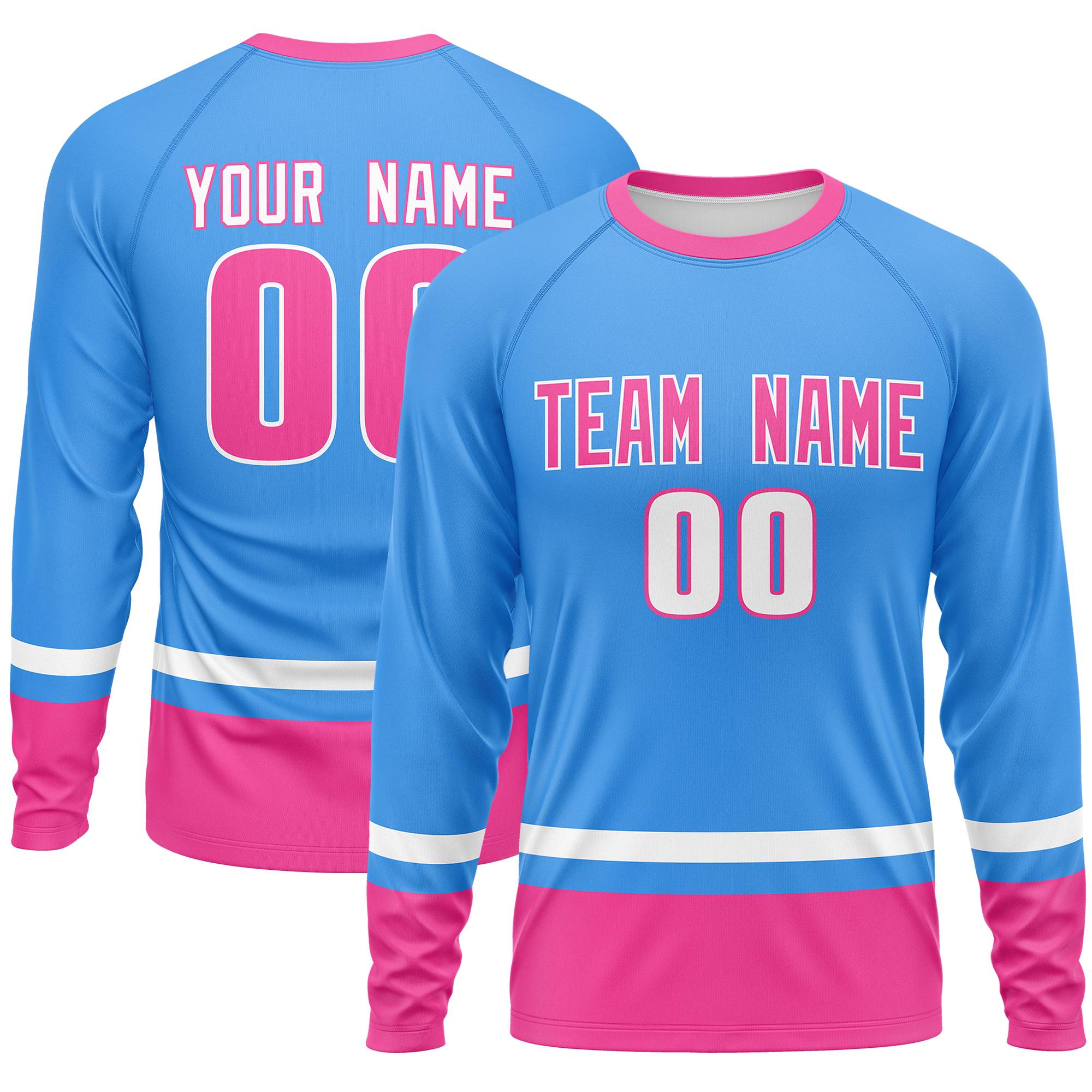 Custom Powder Blue White-Pink Color Block Design Long Sleeve Performance T-Shirt | KXKSHOP
