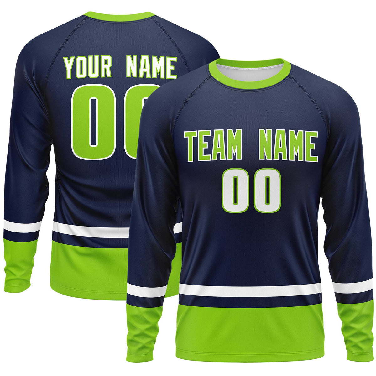 Custom Navy White-Neon Green Color Block Design Long Sleeve Performance T-Shirt | KXKSHOP