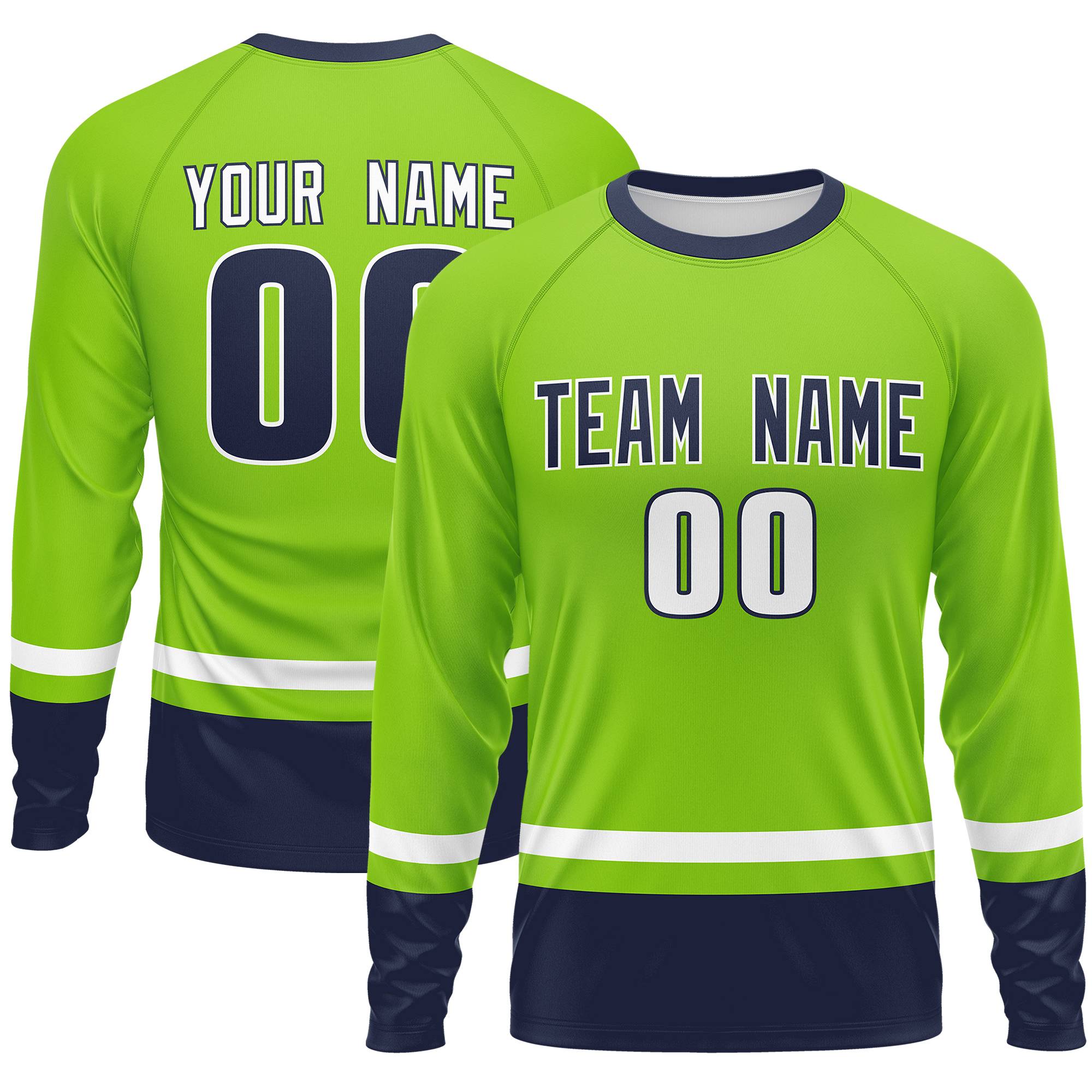 Custom Neon Green White-Navy Color Block Design Long Sleeve Performance T-Shirt | KXKSHOP