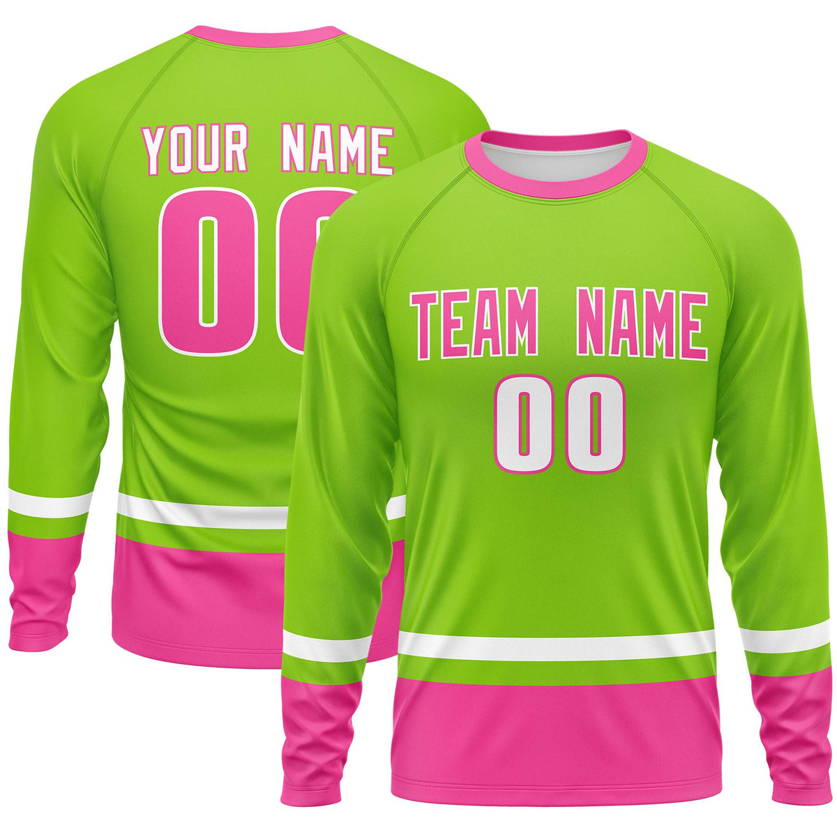 Custom Neon Green White-Pink Color Block Design Long Sleeve Performance T-Shirt | KXKSHOP