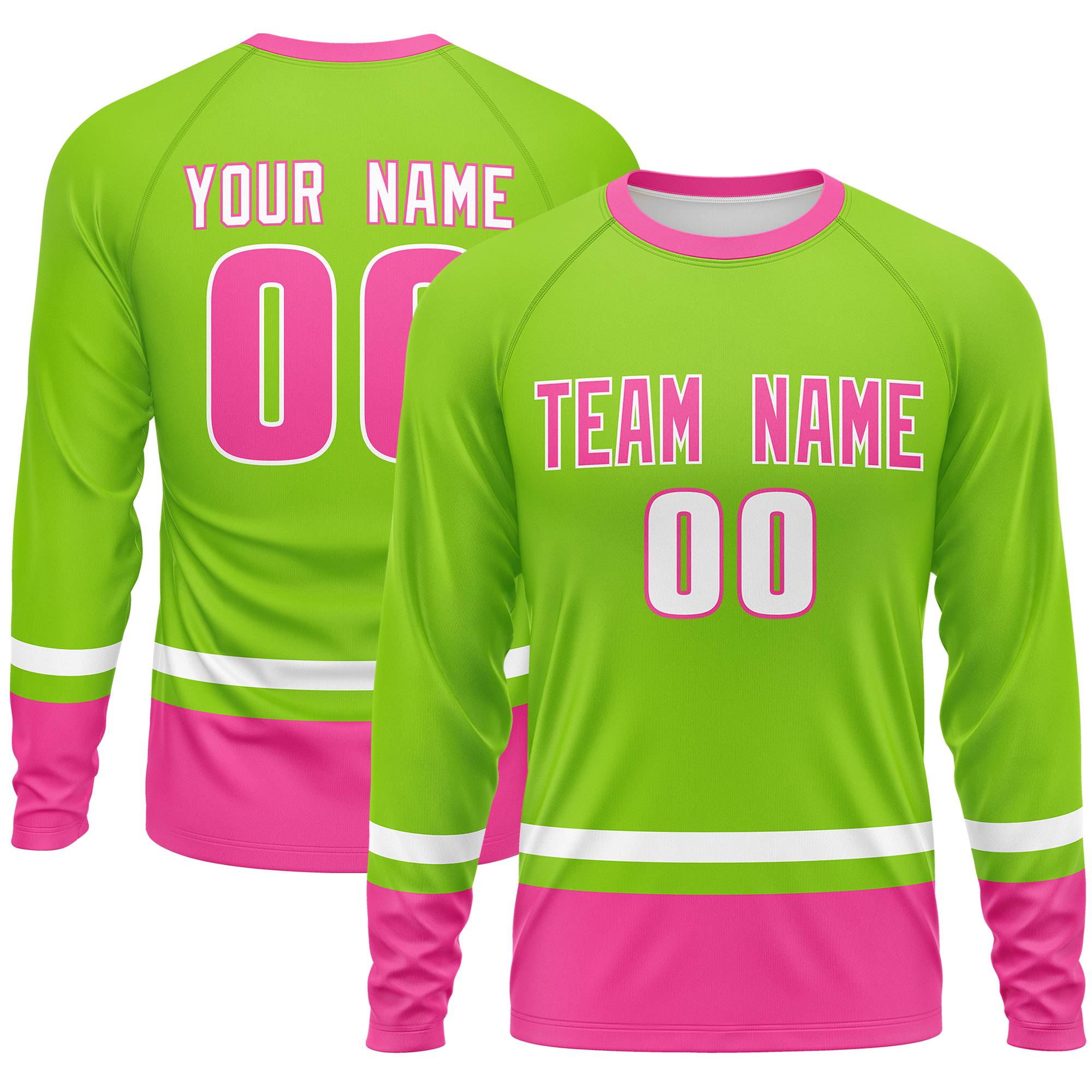 Custom Neon Green White-Pink Color Block Design Long Sleeve Performance T-Shirt | KXKSHOP