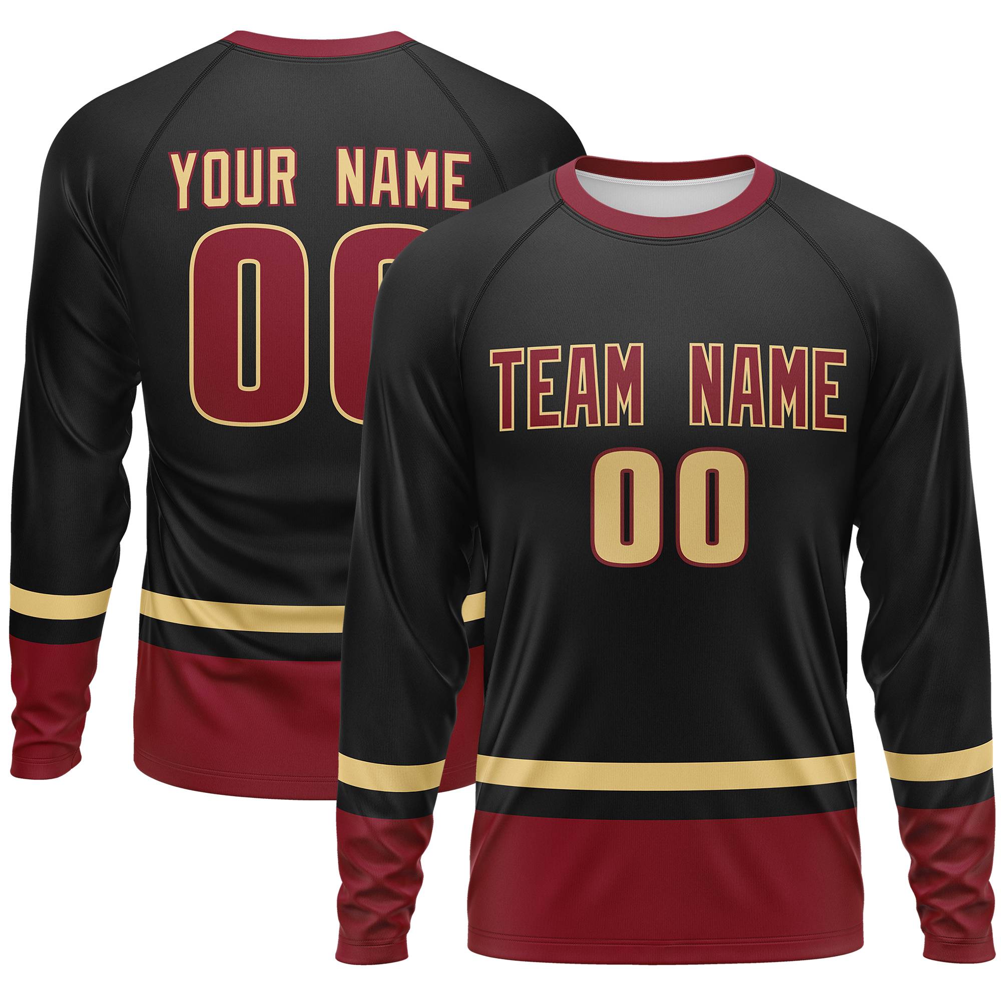 Custom Black Khaki-Crimson Color Block Design Long Sleeve Performance T-Shirt | KXKSHOP