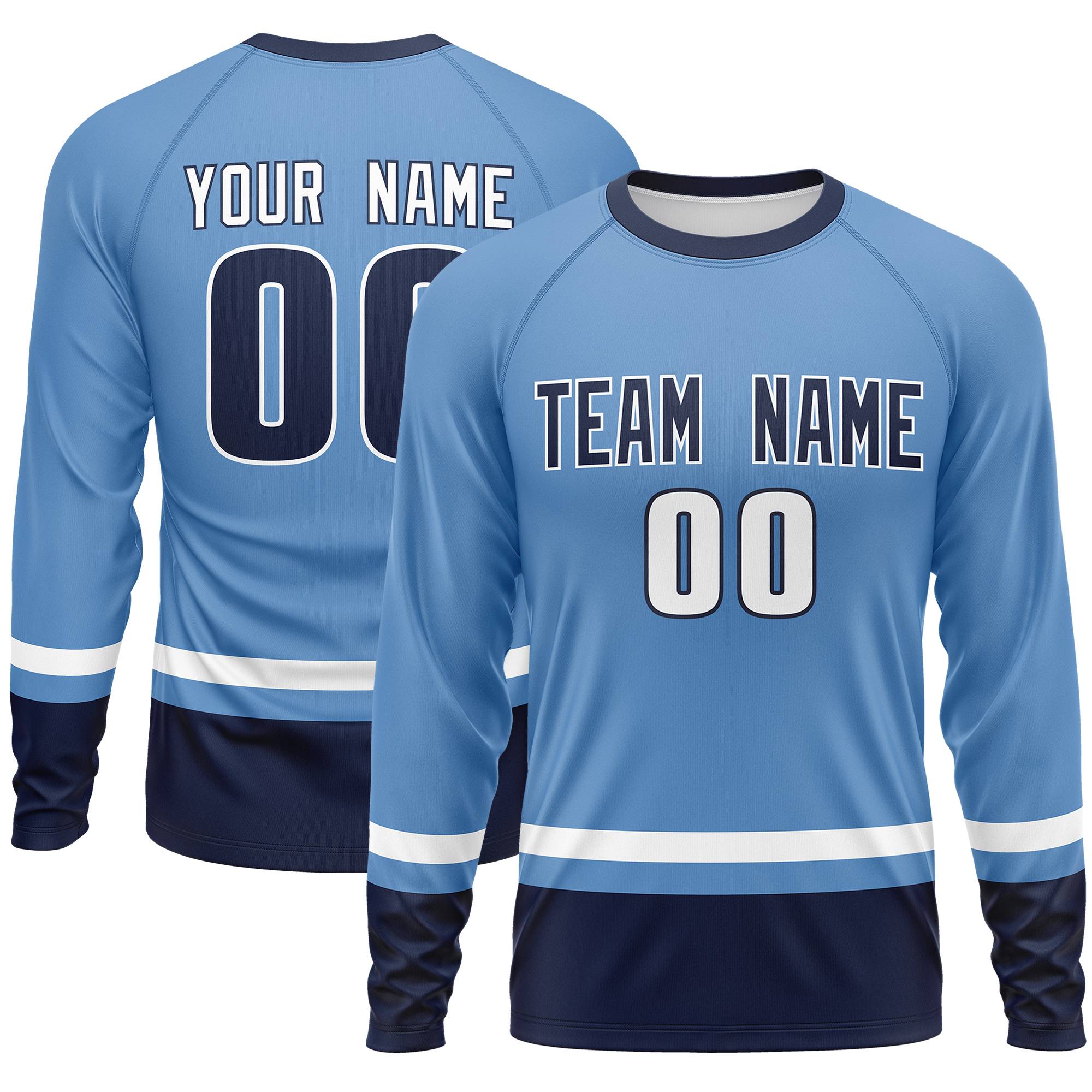 Custom Light Blue White-Navy Color Block Design Long Sleeve Performance T-Shirt | KXKSHOP