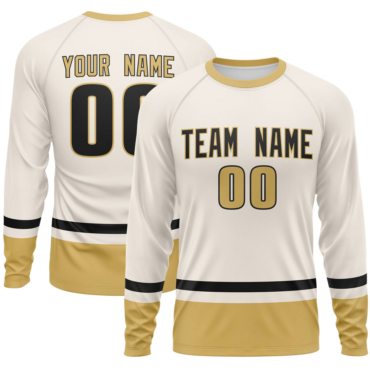 Custom Cream Black-Old Gold Color Block Design Long Sleeve Performance T-Shirt | KXKSHOP
