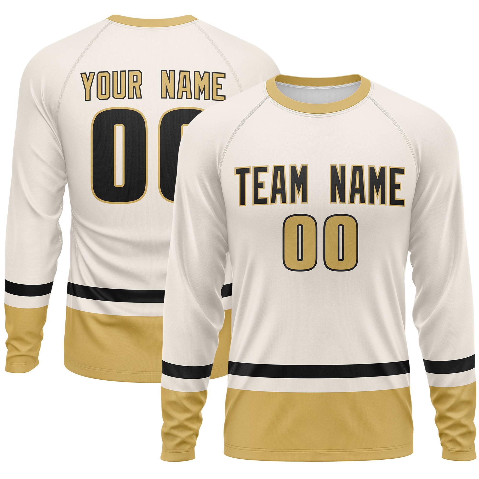 Custom Cream Black-Old Gold Color Block Design Long Sleeve Performance T-Shirt | KXKSHOP