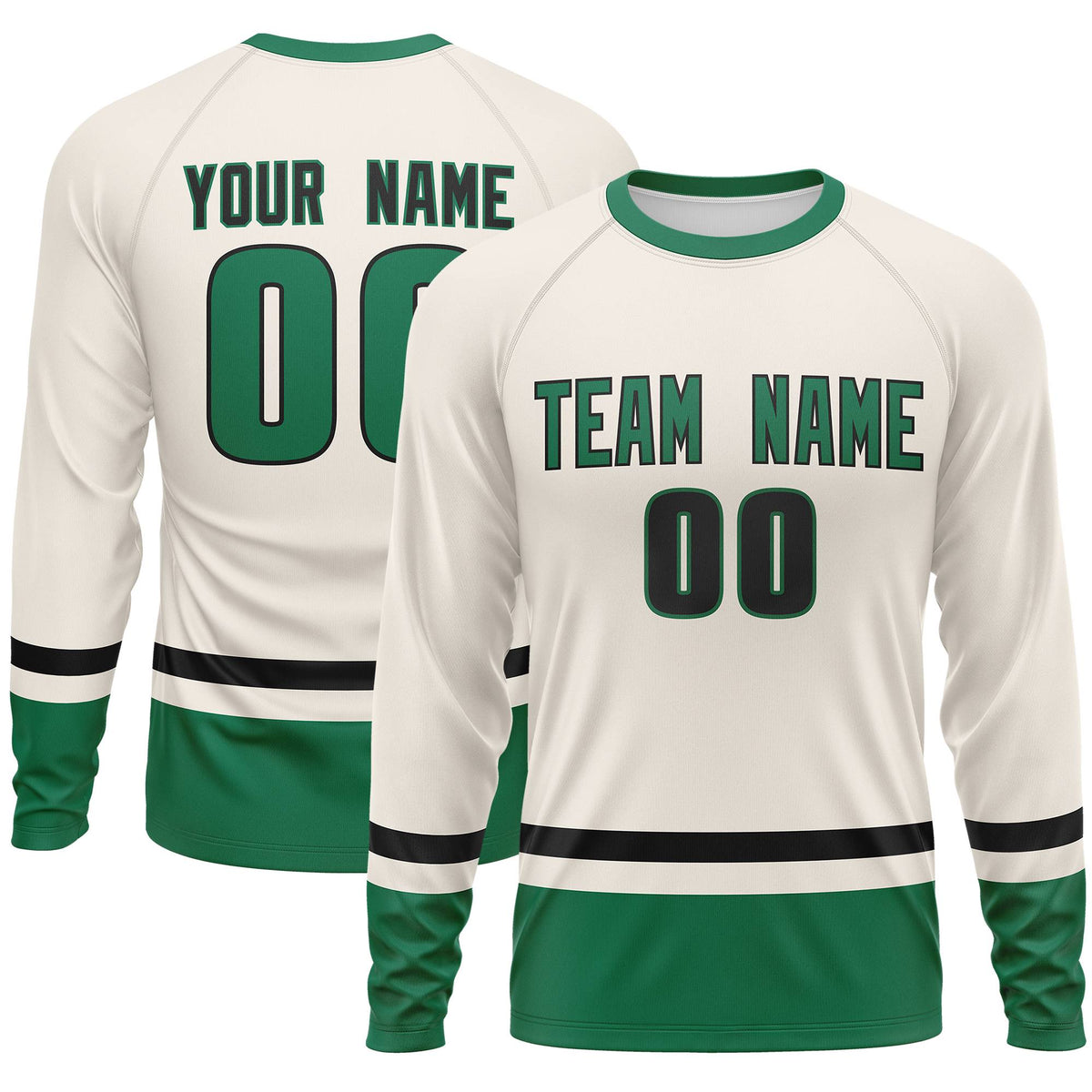 Custom Cream Black-Kelly Green Color Block Design Long Sleeve Performance T-Shirt | KXKSHOP