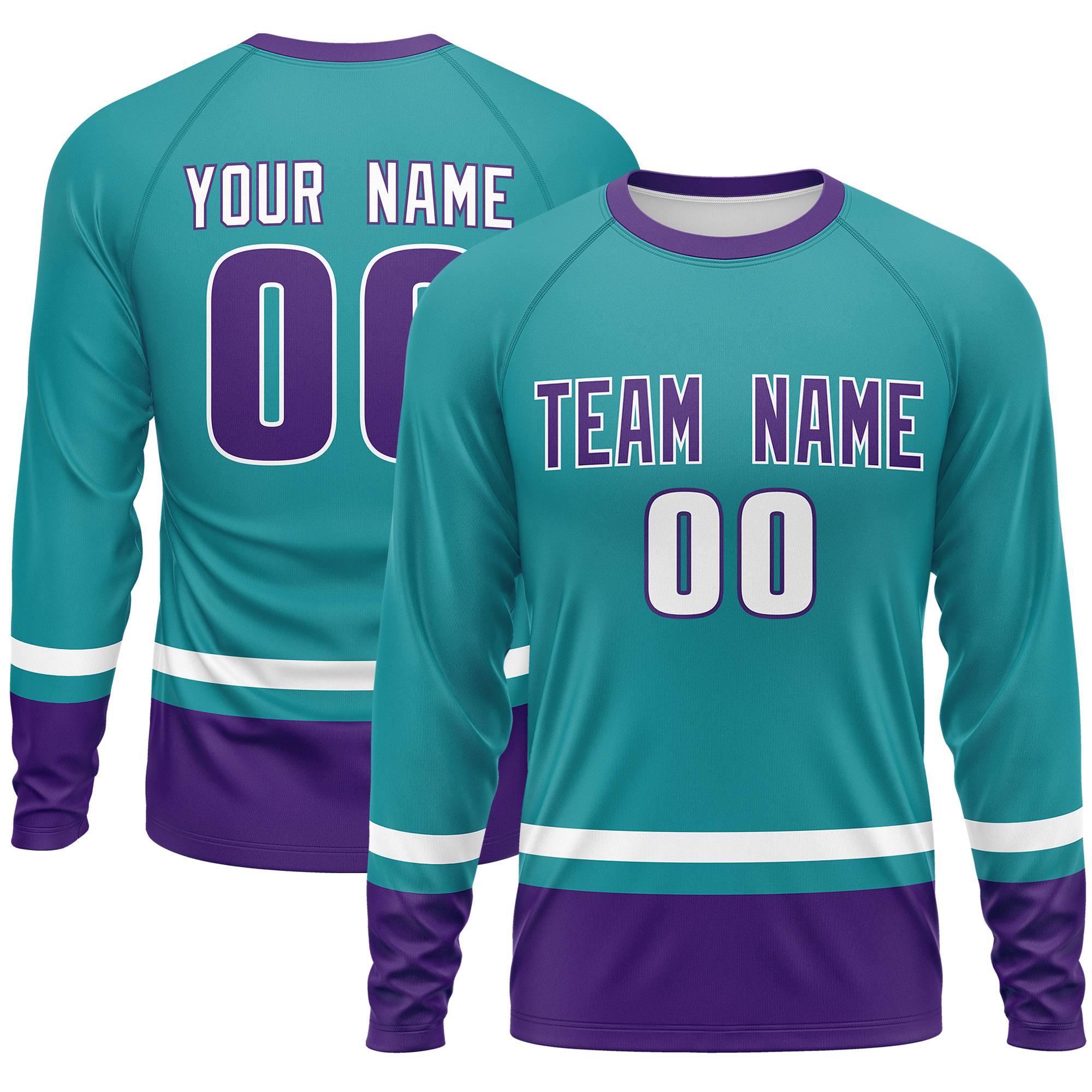 Custom Aqua White-Purple Color Block Design Long Sleeve Performance T-Shirt | KXKSHOP