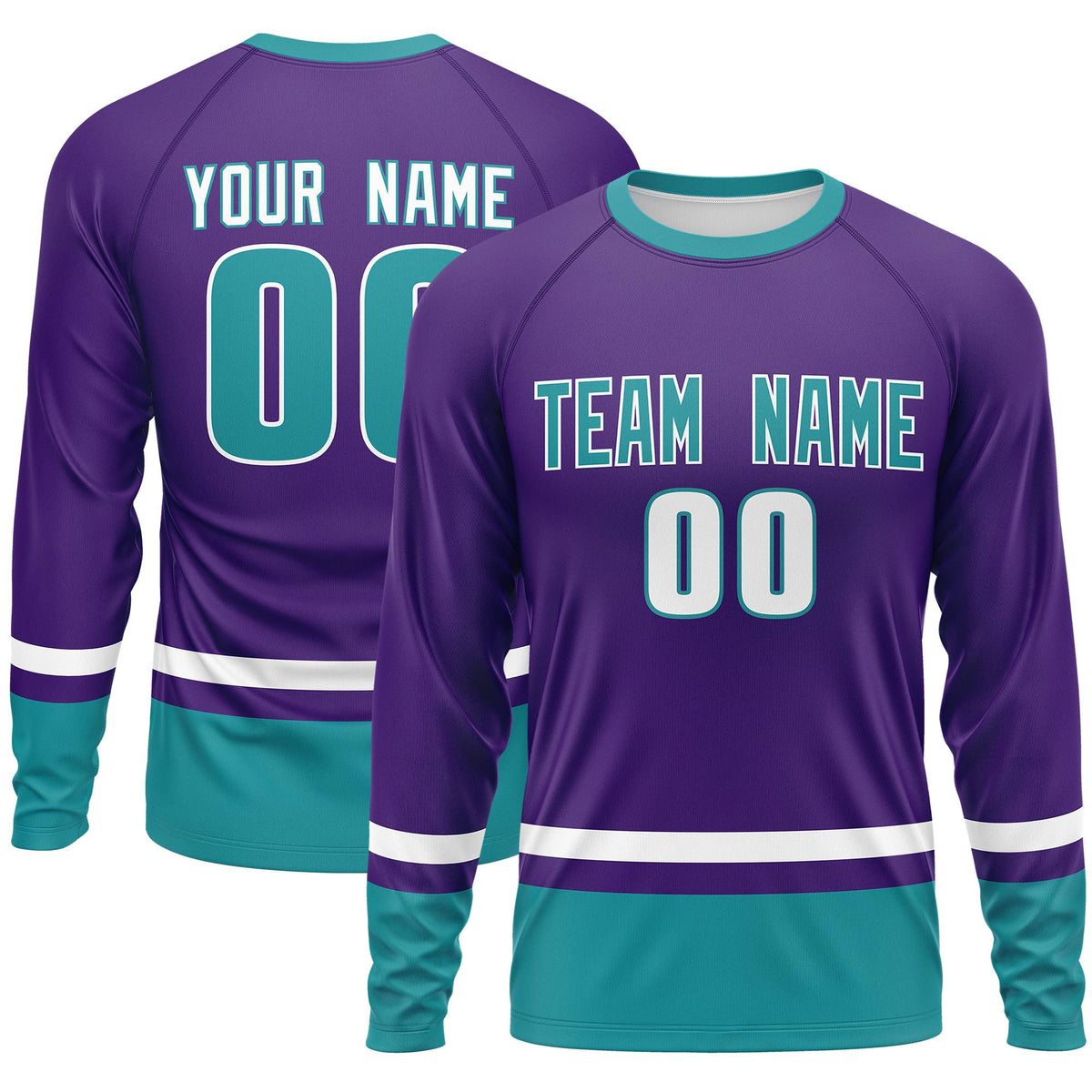 Custom Purple White-Aqua Color Block Design Long Sleeve Performance T-Shirt | KXKSHOP