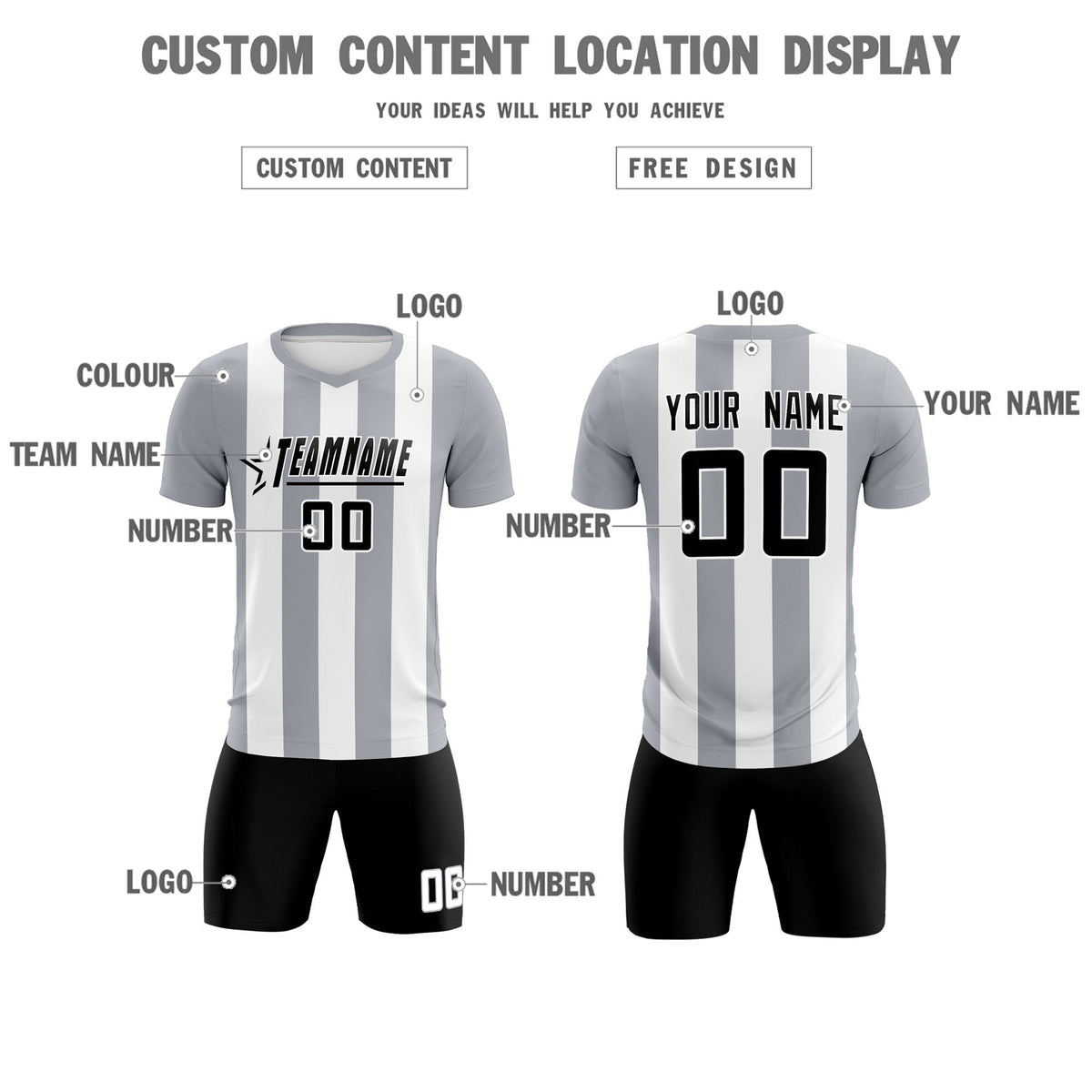 Custom White Gray Vertical Stripes Casual Outdoor Football Kits Jersey