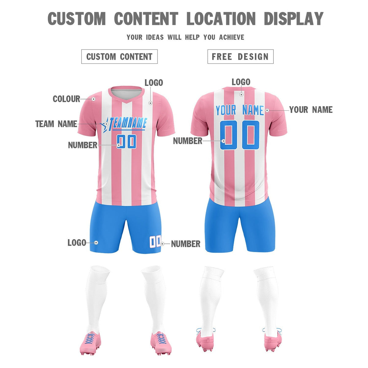 Custom White Light Pink Vertical Stripes Casual Outdoor Football Kits Jersey