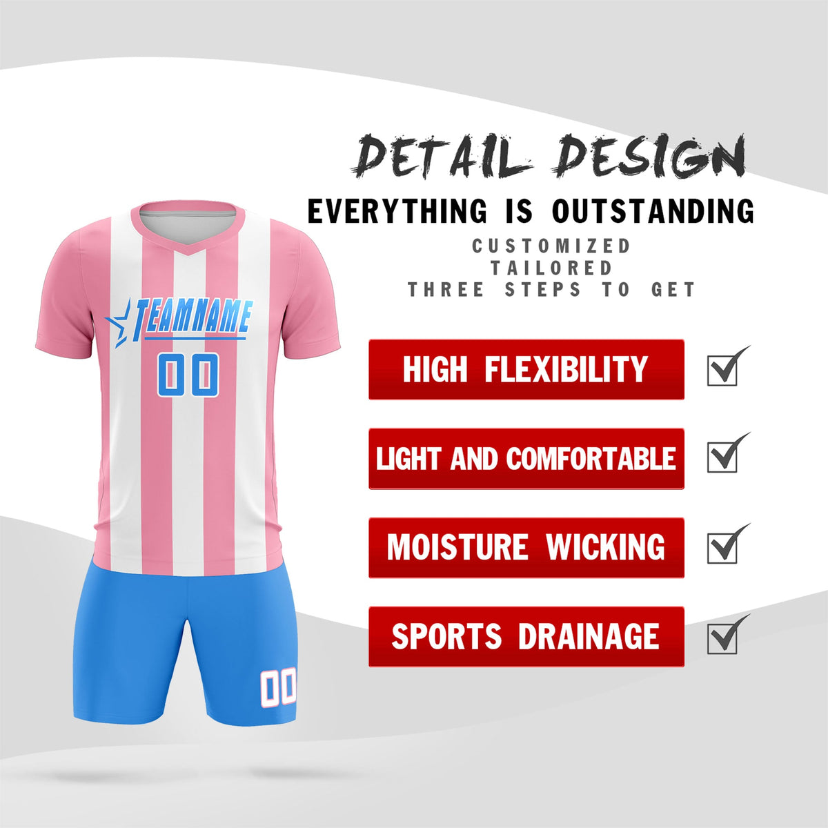 Custom White Light Pink Vertical Stripes Casual Outdoor Football Kits Jersey