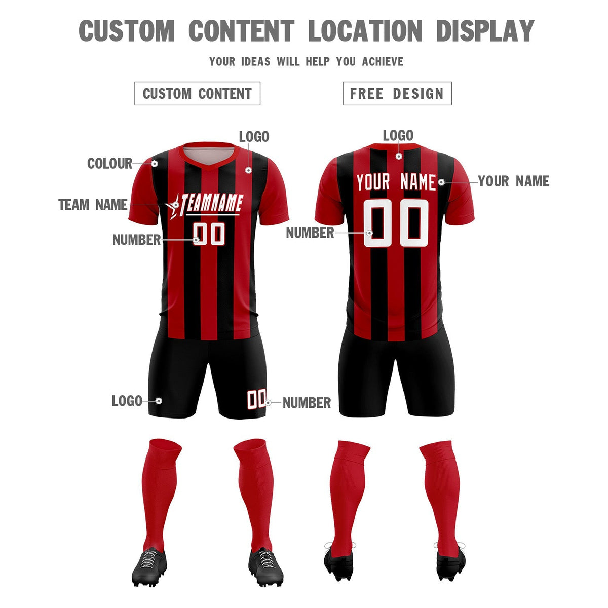 Custom Red Black Vertical Stripes Casual Outdoor Football Kits Jersey