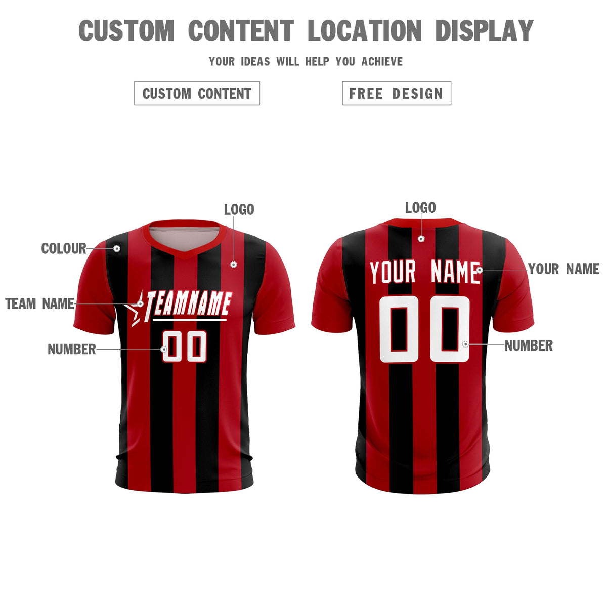 Custom Red Black Vertical Stripes Casual Outdoor Football Kits Jersey