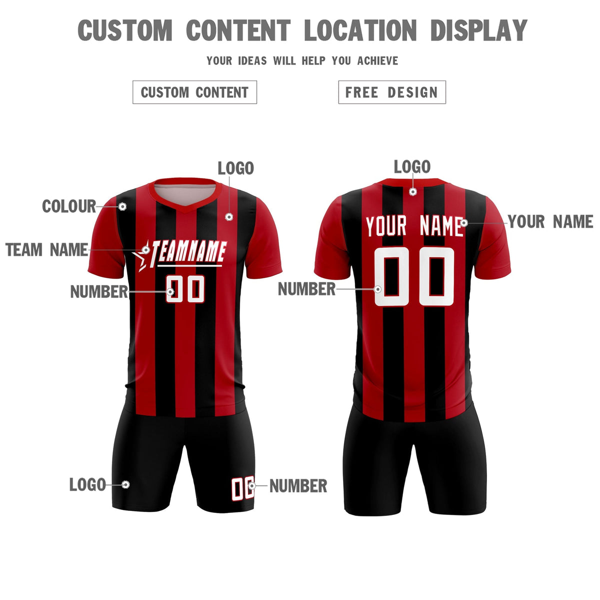 Custom Red Black Vertical Stripes Casual Outdoor Football Kits Jersey