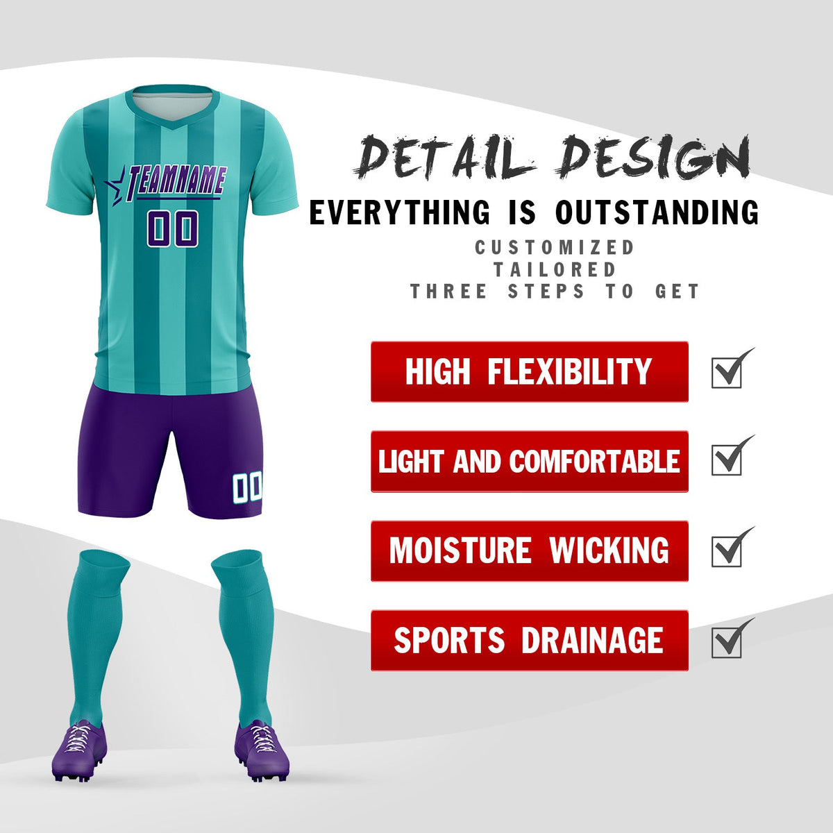Custom Bright Green Aqua Vertical Stripes Casual Outdoor Football Kits Jersey