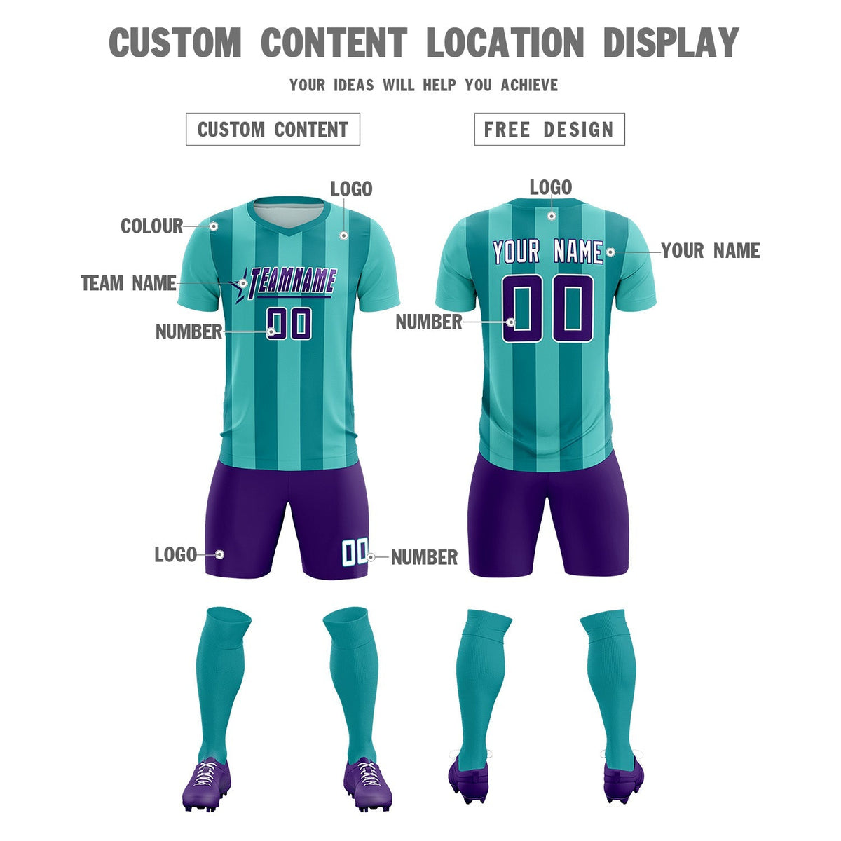 Custom Bright Green Aqua Vertical Stripes Casual Outdoor Football Kits Jersey