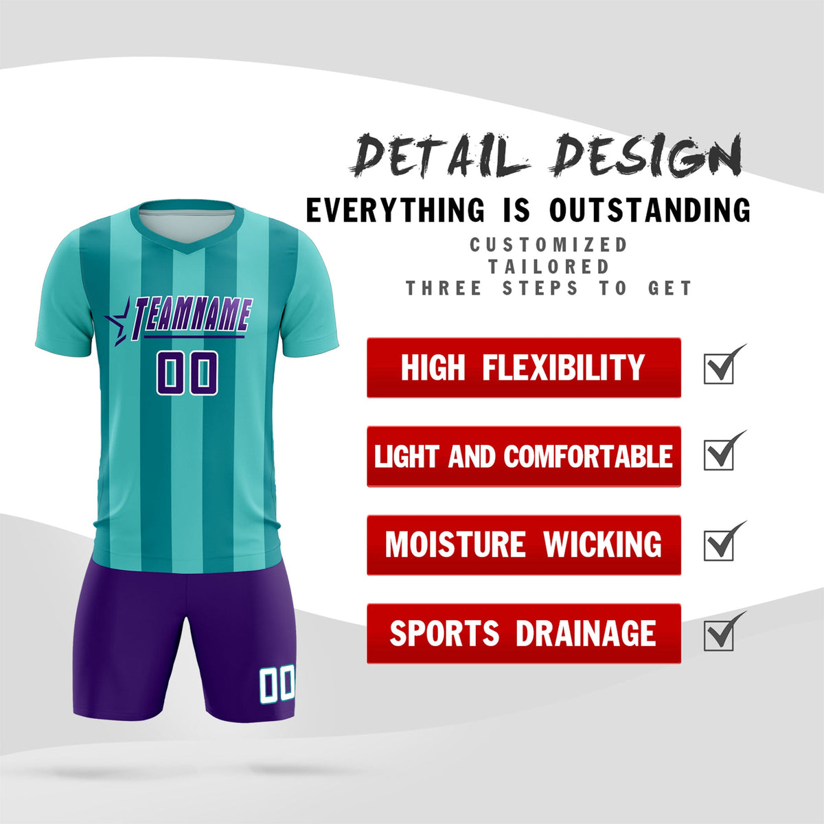 Custom Bright Green Aqua Vertical Stripes Casual Outdoor Football Kits Jersey