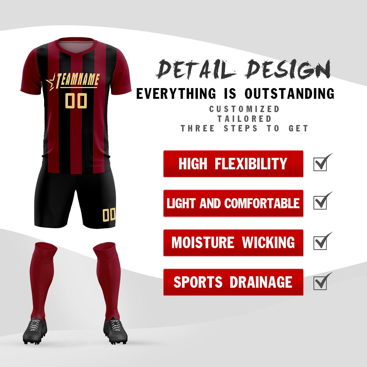 Custom Crimson Black Vertical Stripes Casual Outdoor Football Kits Jersey