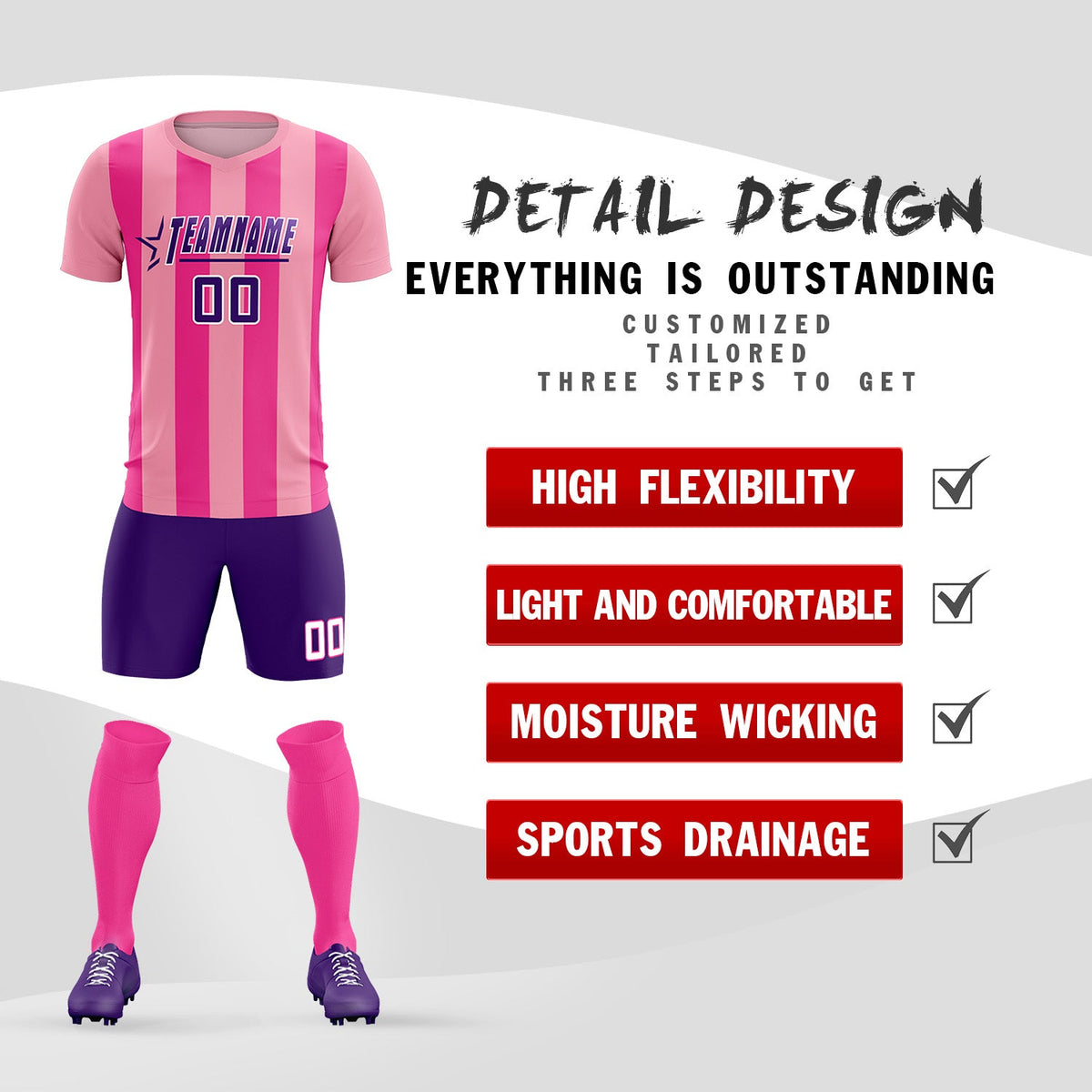 Custom Light Pink Pink Vertical Stripes Casual Outdoor Football Kits Jersey
