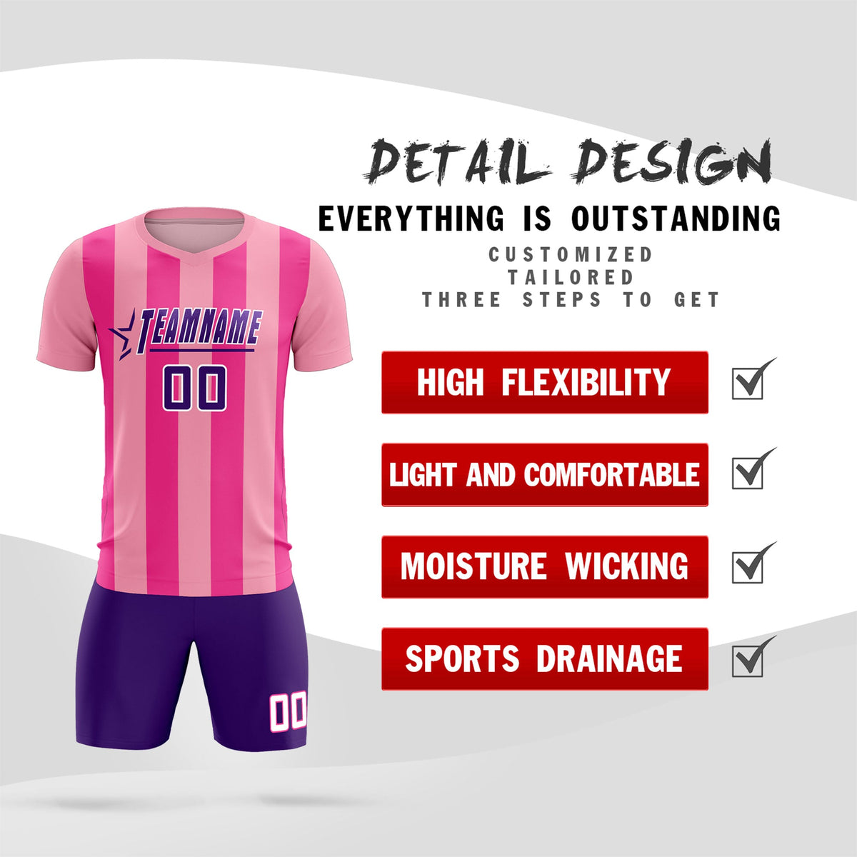 Custom Light Pink Pink Vertical Stripes Casual Outdoor Football Kits Jersey
