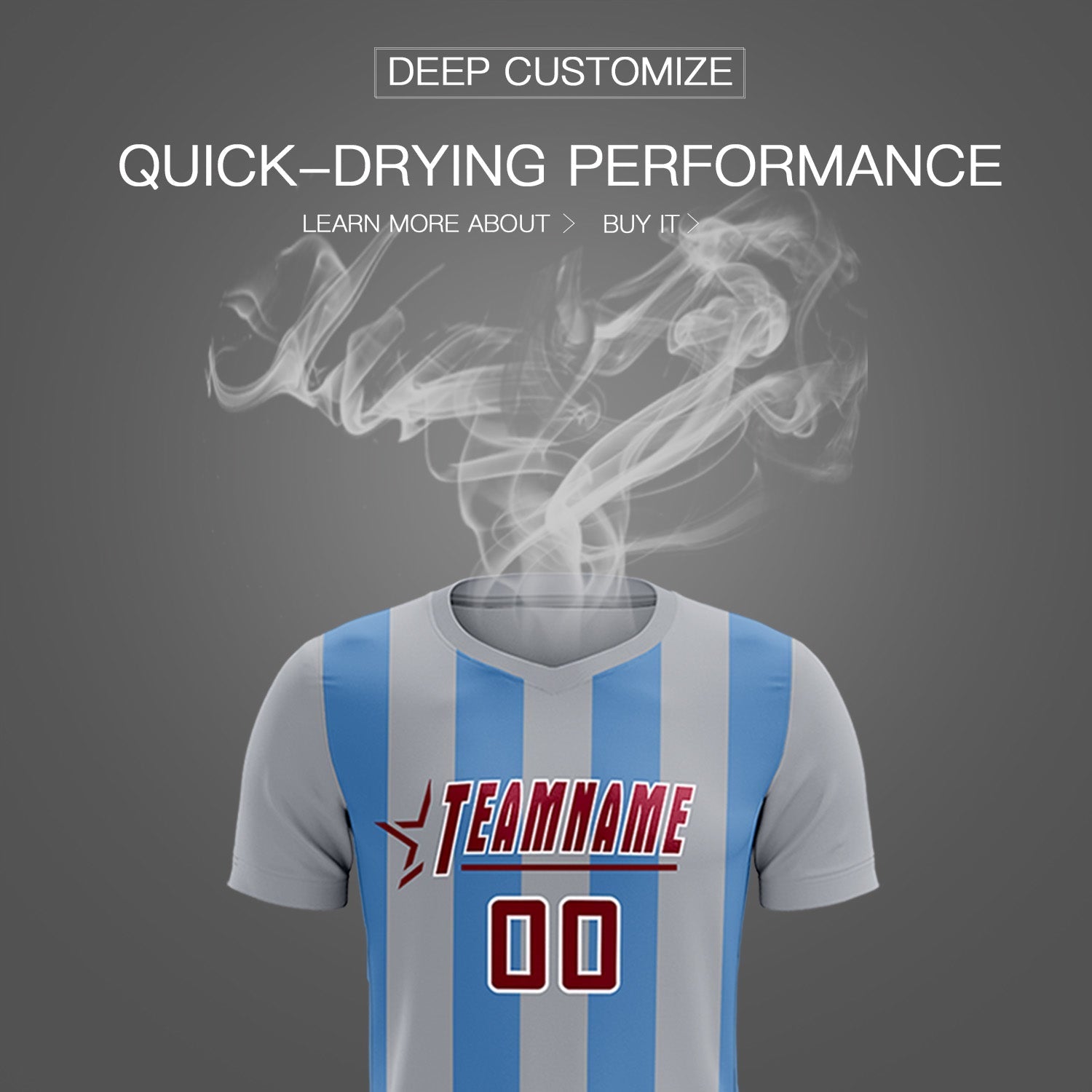 Custom Gray Light Blue Vertical Stripes Casual Outdoor Football Kits Jersey