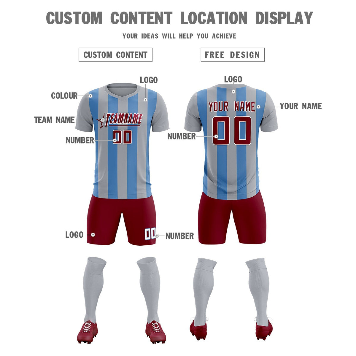 Custom Gray Light Blue Vertical Stripes Casual Outdoor Football Kits Jersey