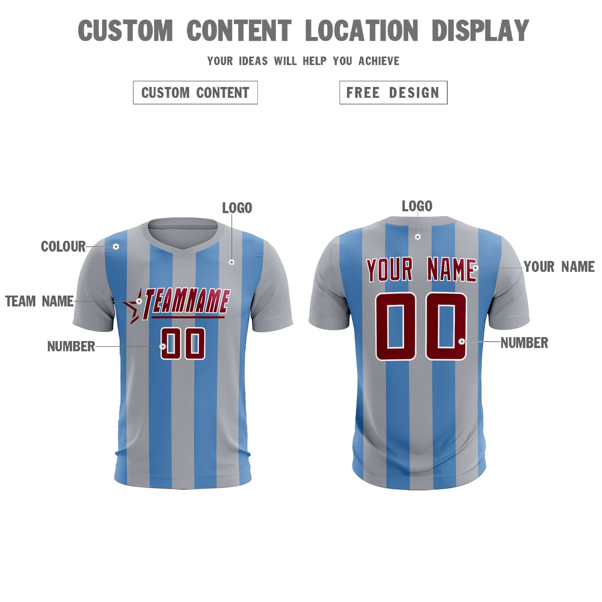 Custom Gray Light Blue Vertical Stripes Casual Outdoor Football Kits Jersey