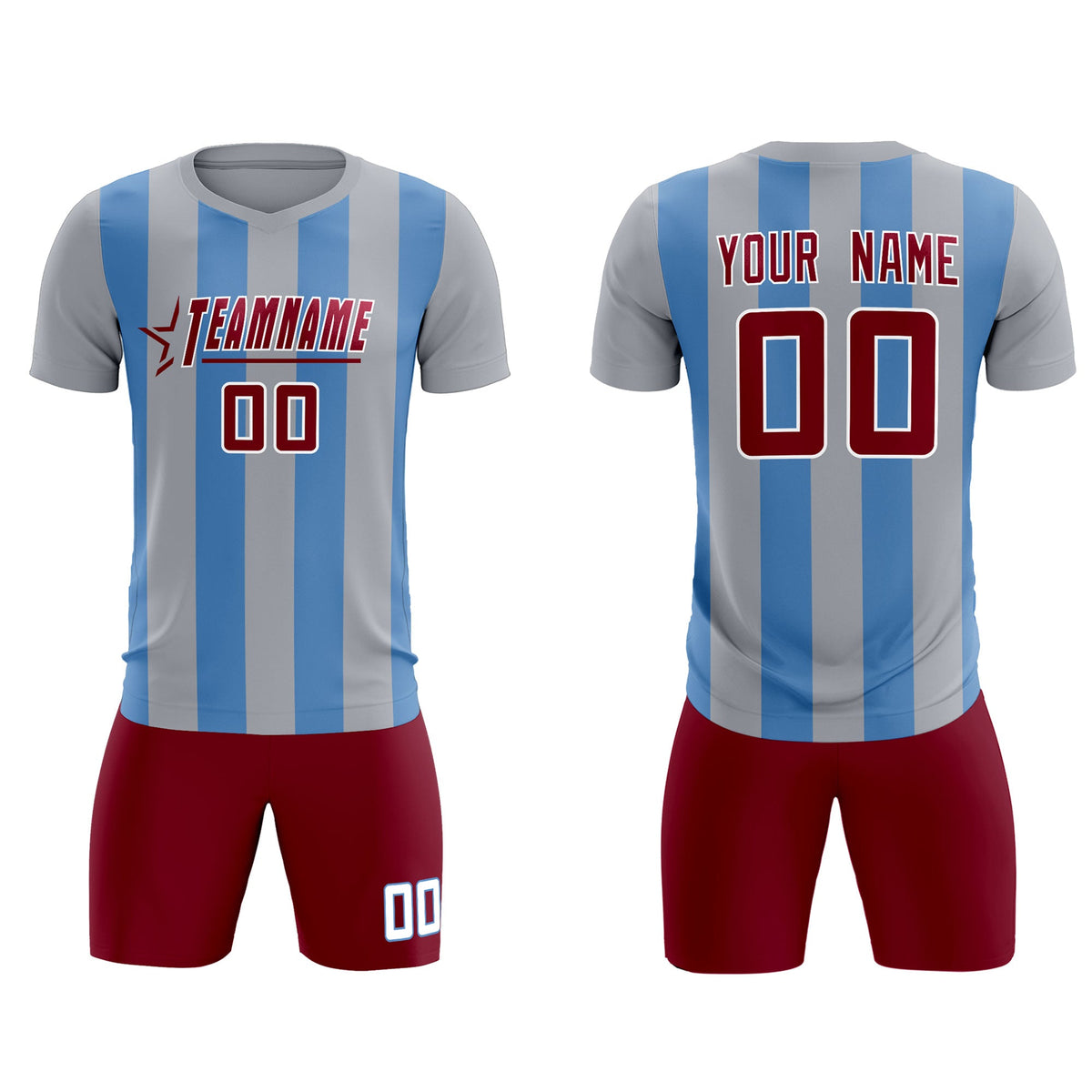 Custom Gray Light Blue Vertical Stripes Casual Outdoor Football Kits Jersey
