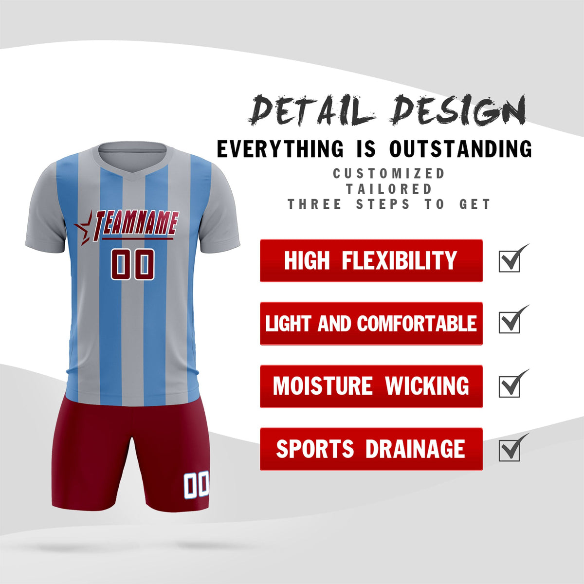 Custom Gray Light Blue Vertical Stripes Casual Outdoor Football Kits Jersey