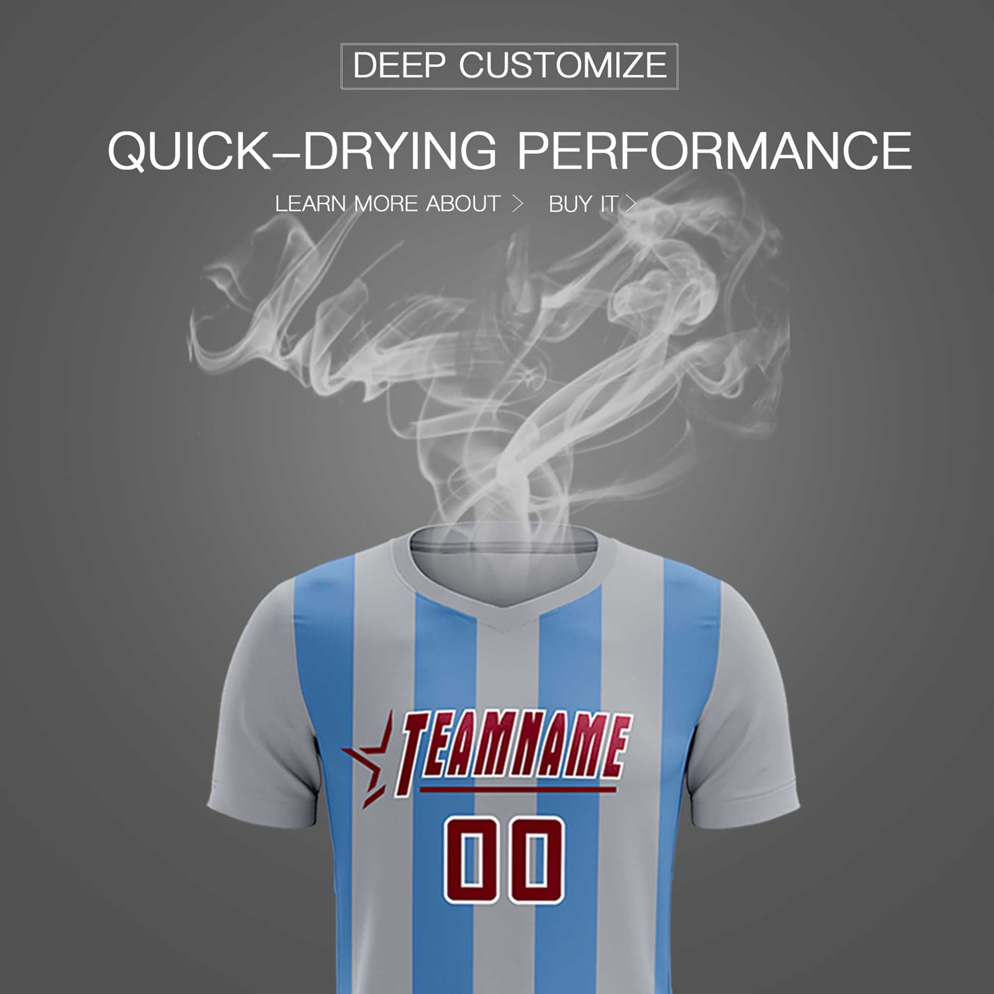 Custom Gray Light Blue Vertical Stripes Casual Outdoor Football Kits Jersey