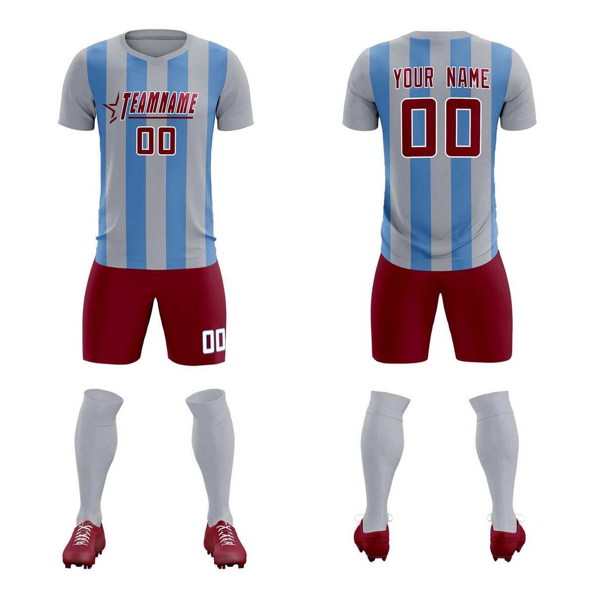 Custom Gray Light Blue Vertical Stripes Casual Outdoor Football Kits Jersey
