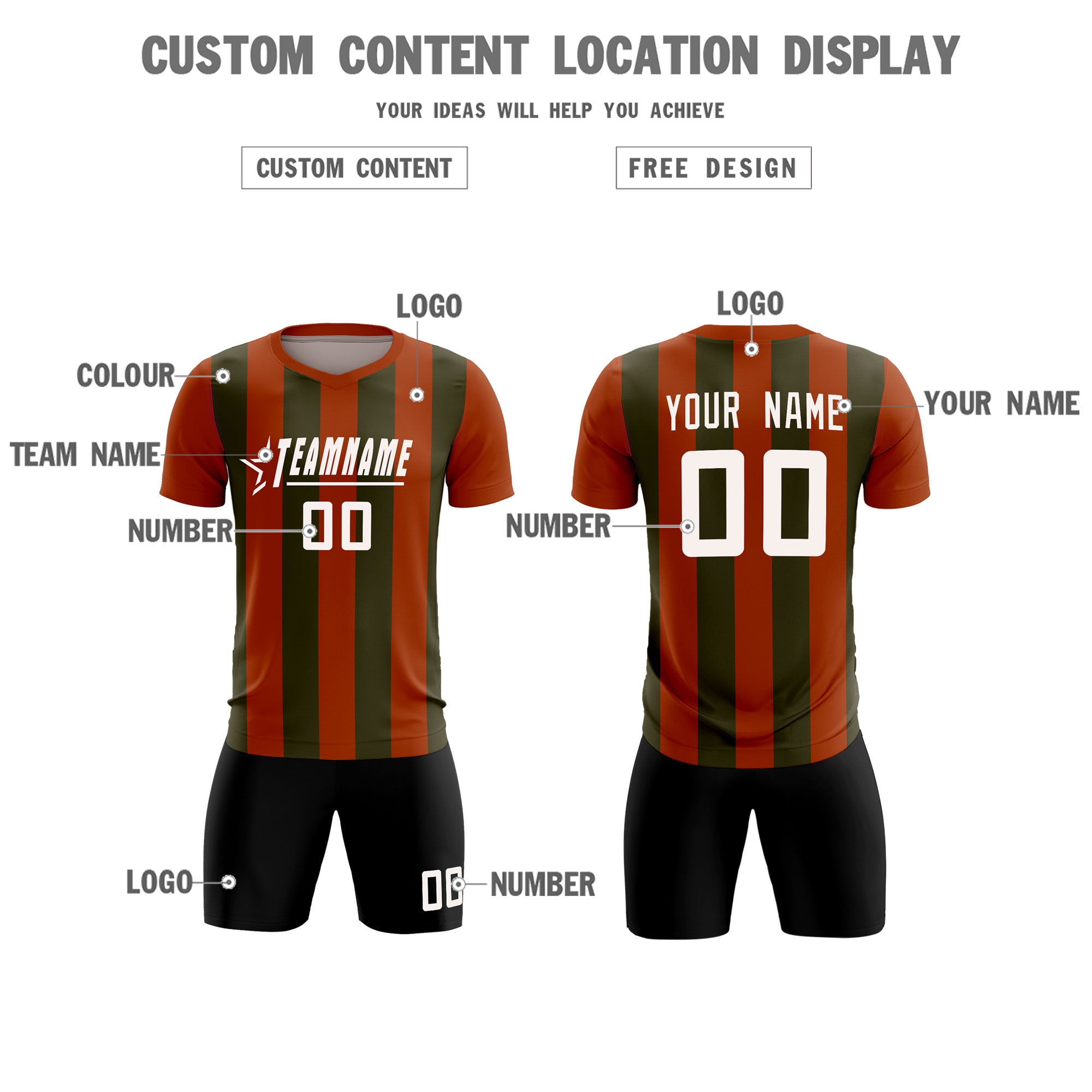 Custom Texas Orange Olive Vertical Stripes Casual Outdoor Football Kits Jersey