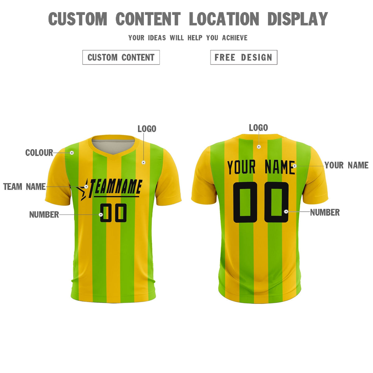 Custom Gold Neon Green Vertical Stripes Casual Outdoor Football Kits Jersey